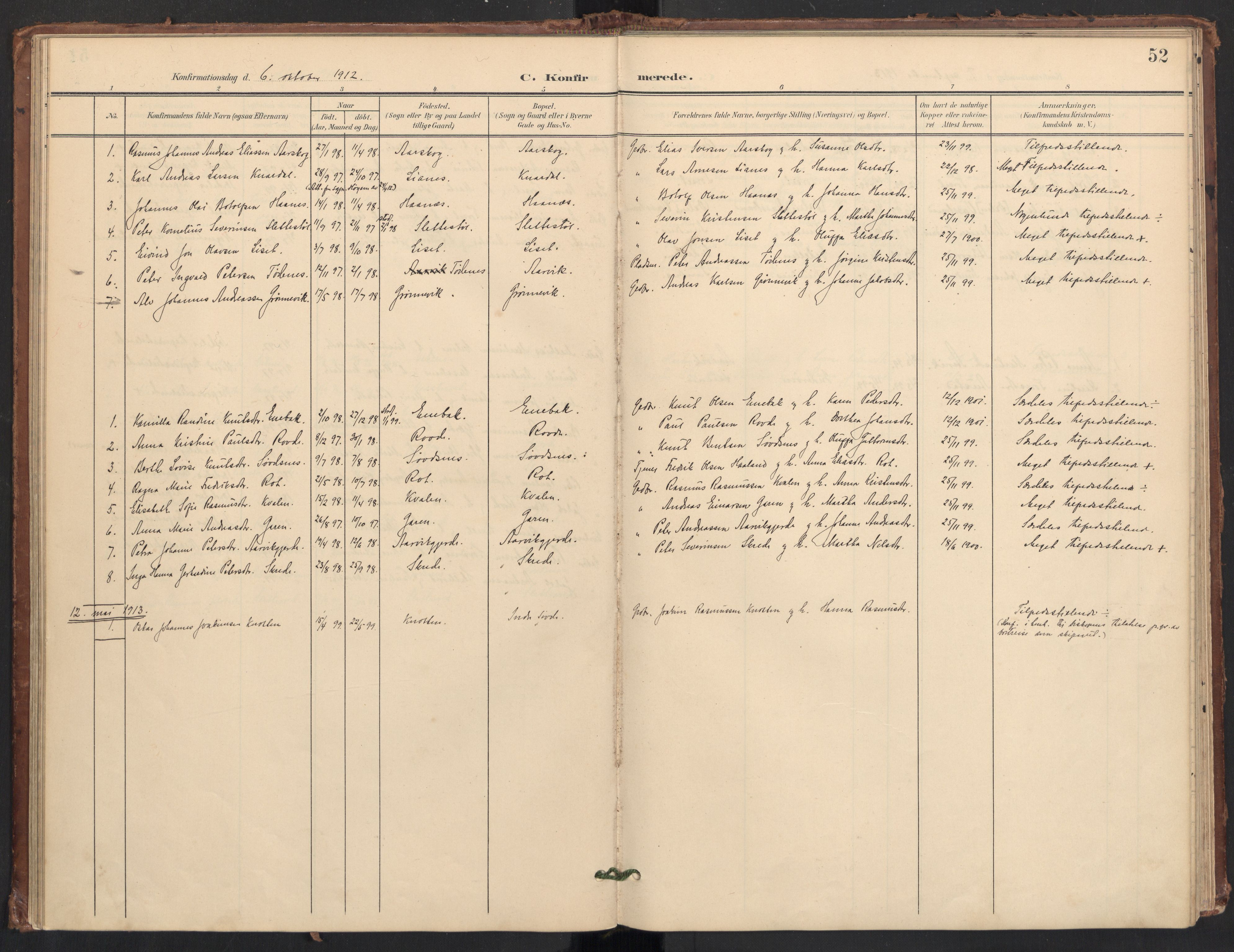 Ministerialprotokoller, klokkerbøker og fødselsregistre - Møre og Romsdal, SAT/A-1454/504/L0057: Parish register (official) no. 504A04, 1902-1919, p. 52