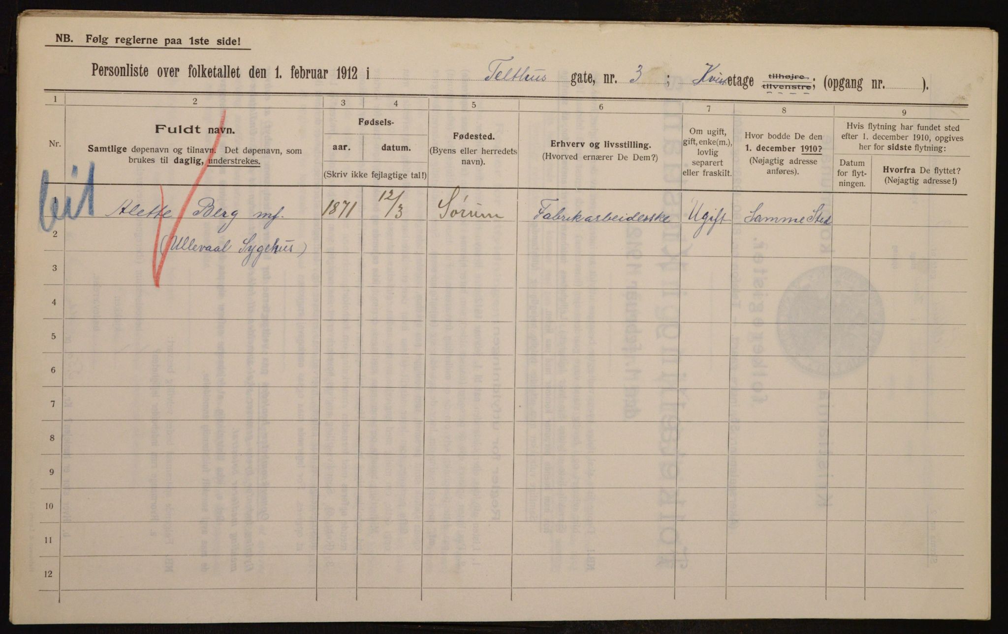 OBA, Municipal Census 1912 for Kristiania, 1912, p. 107594