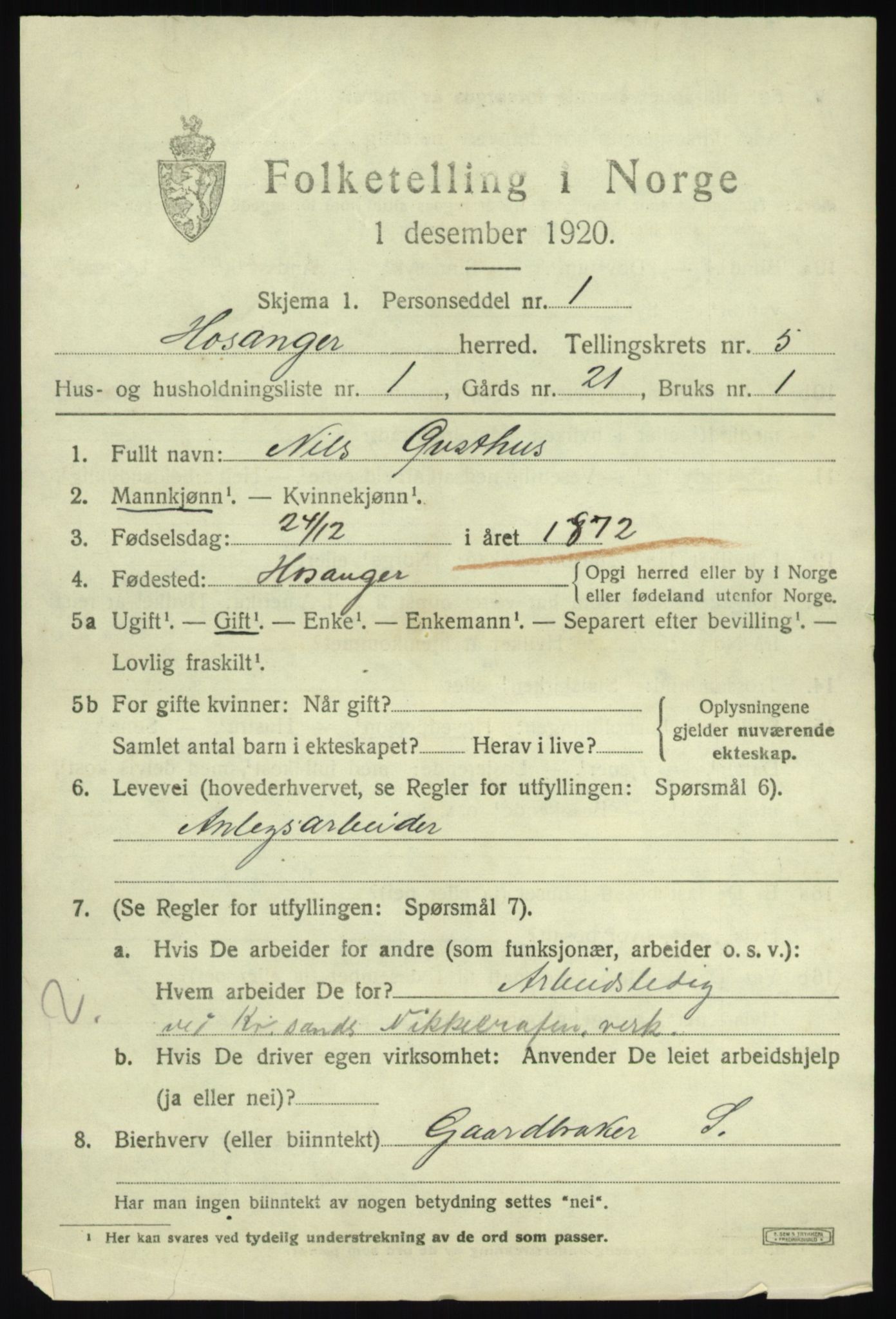 SAB, 1920 census for Hosanger, 1920, p. 2341