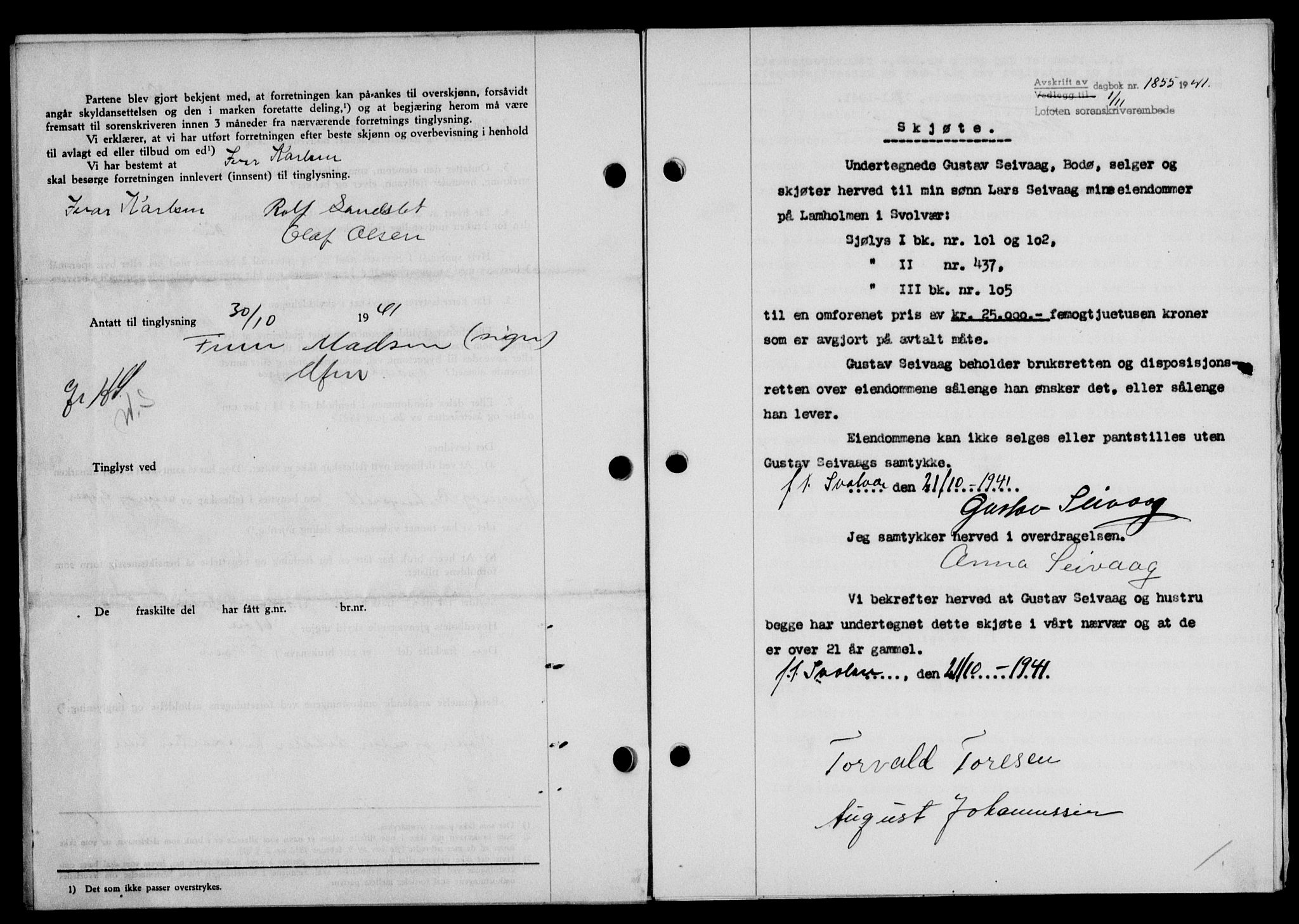 Lofoten sorenskriveri, SAT/A-0017/1/2/2C/L0009a: Mortgage book no. 9a, 1941-1942, Diary no: : 1855/1941