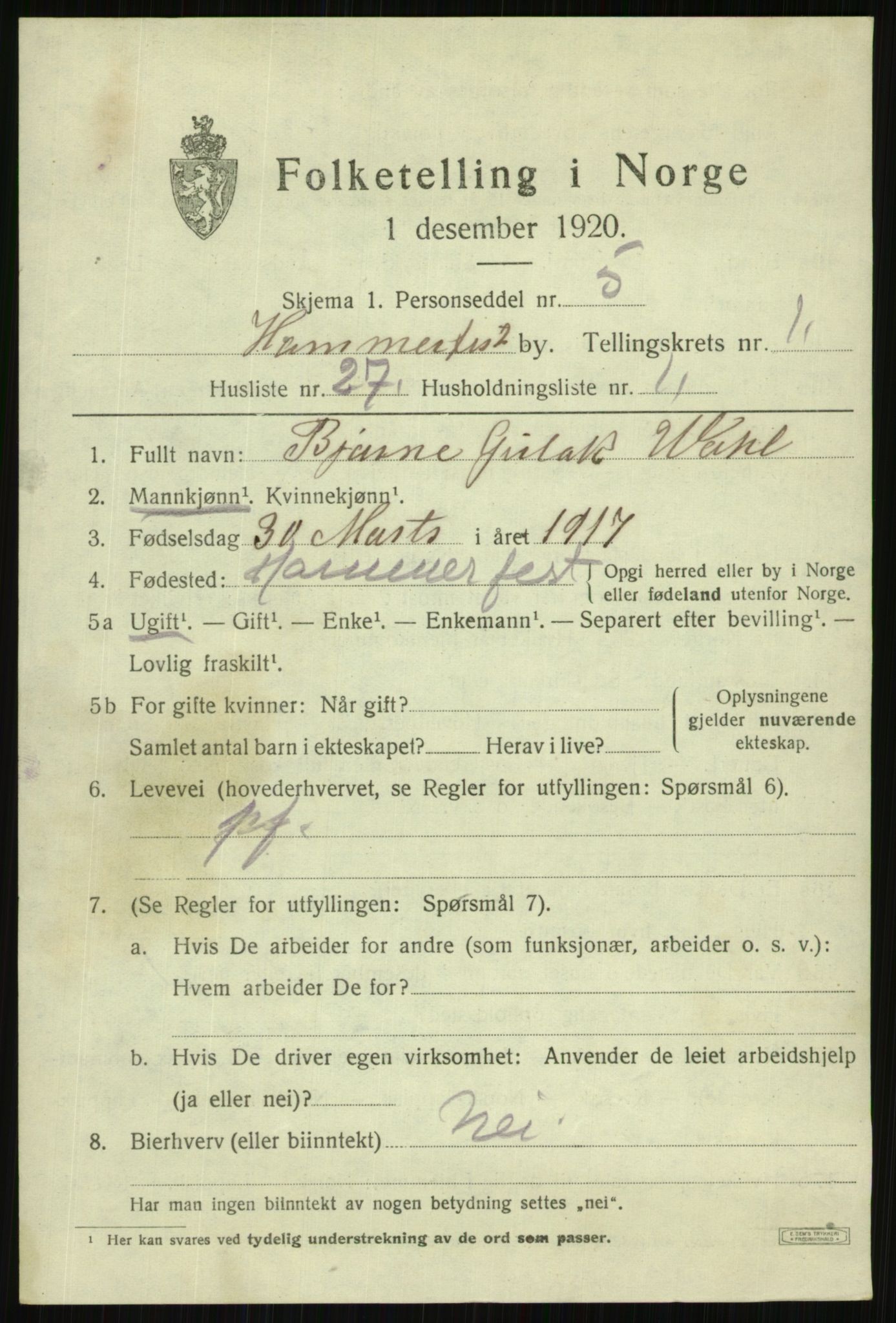 SATØ, 1920 census for Hammerfest, 1920, p. 2920