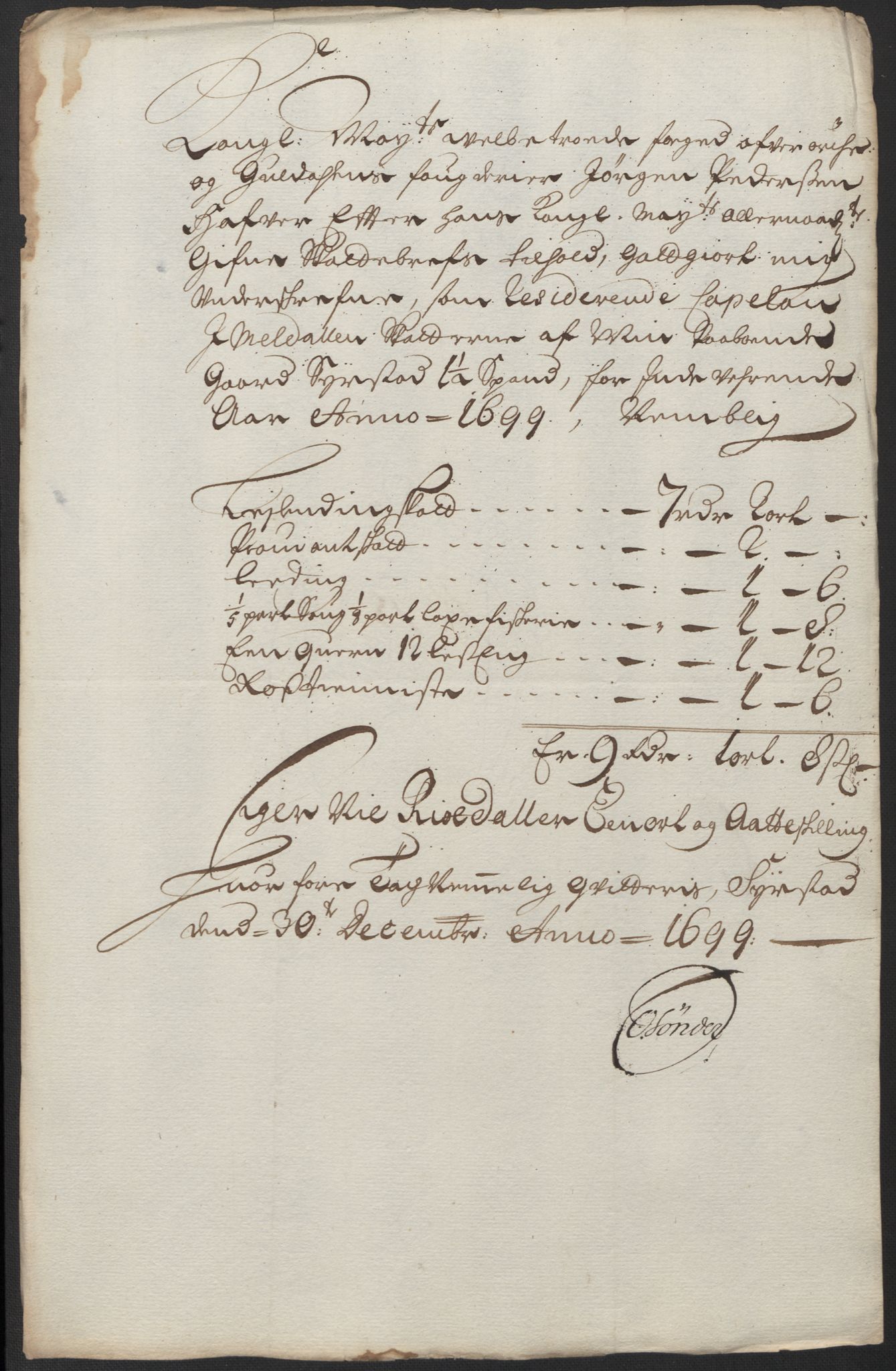 Rentekammeret inntil 1814, Reviderte regnskaper, Fogderegnskap, AV/RA-EA-4092/R60/L3949: Fogderegnskap Orkdal og Gauldal, 1699, p. 172