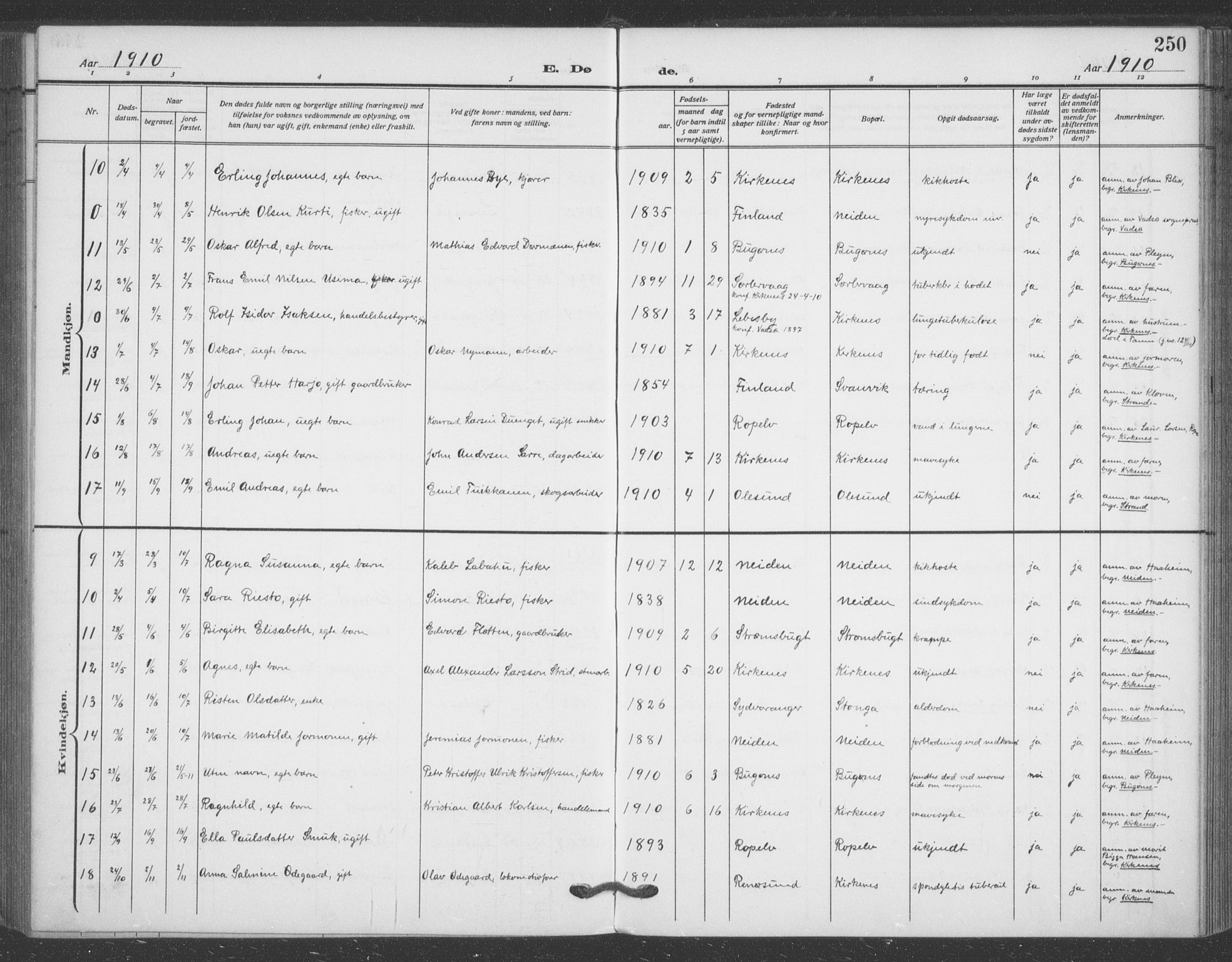 Sør-Varanger sokneprestkontor, SATØ/S-1331/H/Ha/L0005kirke: Parish register (official) no. 5, 1909-1919, p. 250