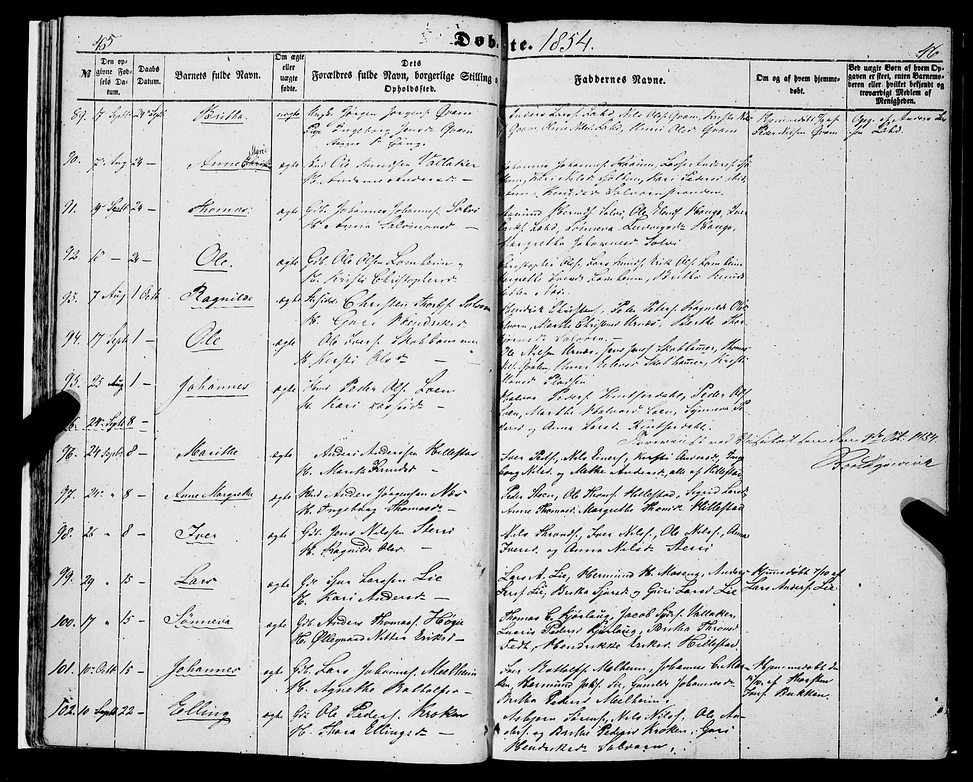 Hafslo sokneprestembete, AV/SAB-A-80301/H/Haa/Haaa/L0009: Parish register (official) no. A 9, 1852-1873, p. 45-46