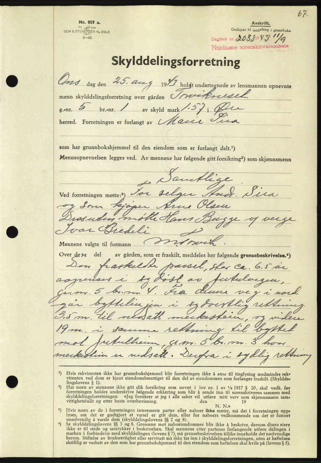 Nordmøre sorenskriveri, SAT/A-4132/1/2/2Ca: Mortgage book no. A96, 1943-1944, Diary no: : 2027/1943