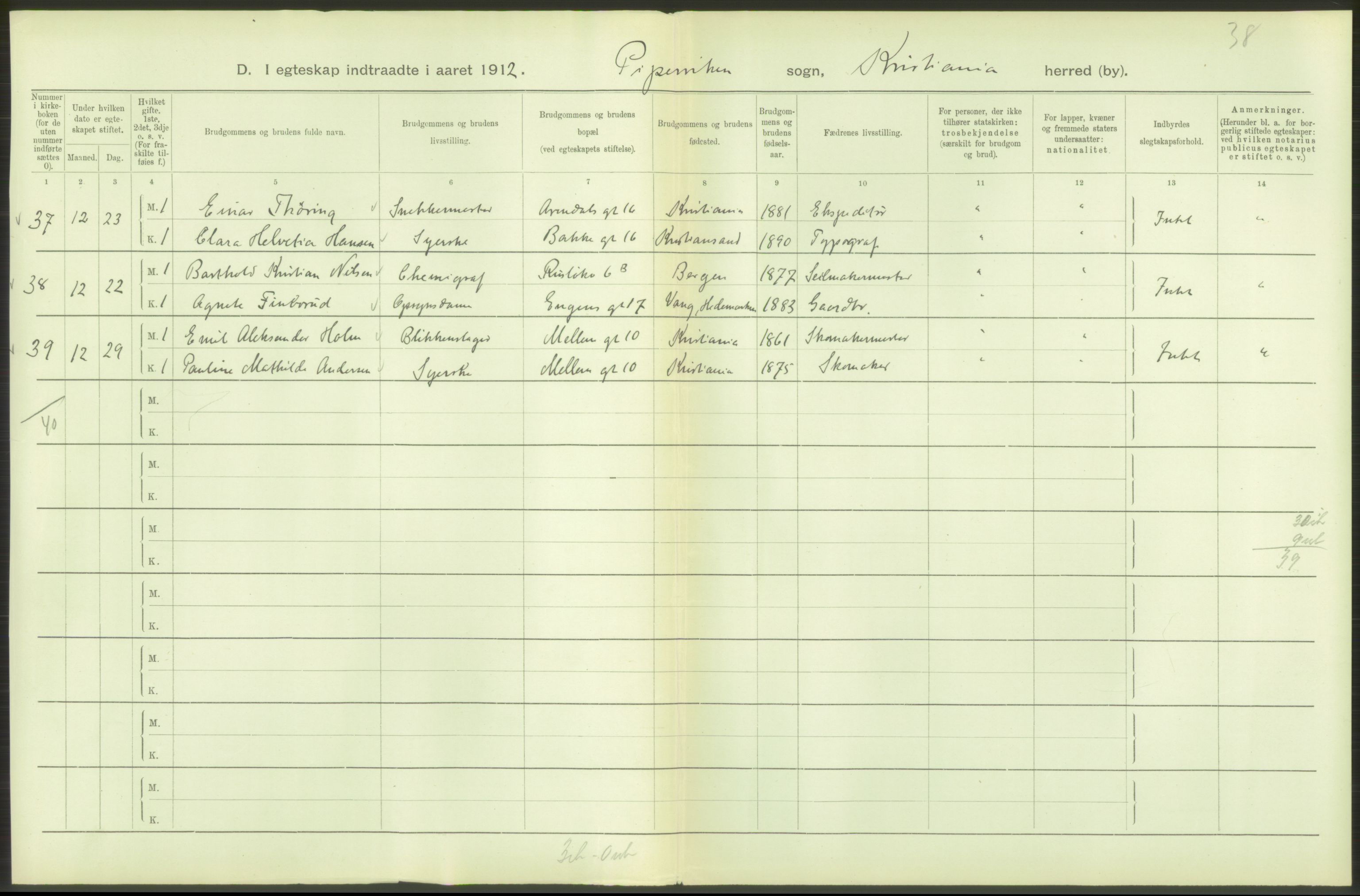 Statistisk sentralbyrå, Sosiodemografiske emner, Befolkning, AV/RA-S-2228/D/Df/Dfb/Dfbb/L0008: Kristiania: Gifte, 1912, p. 2