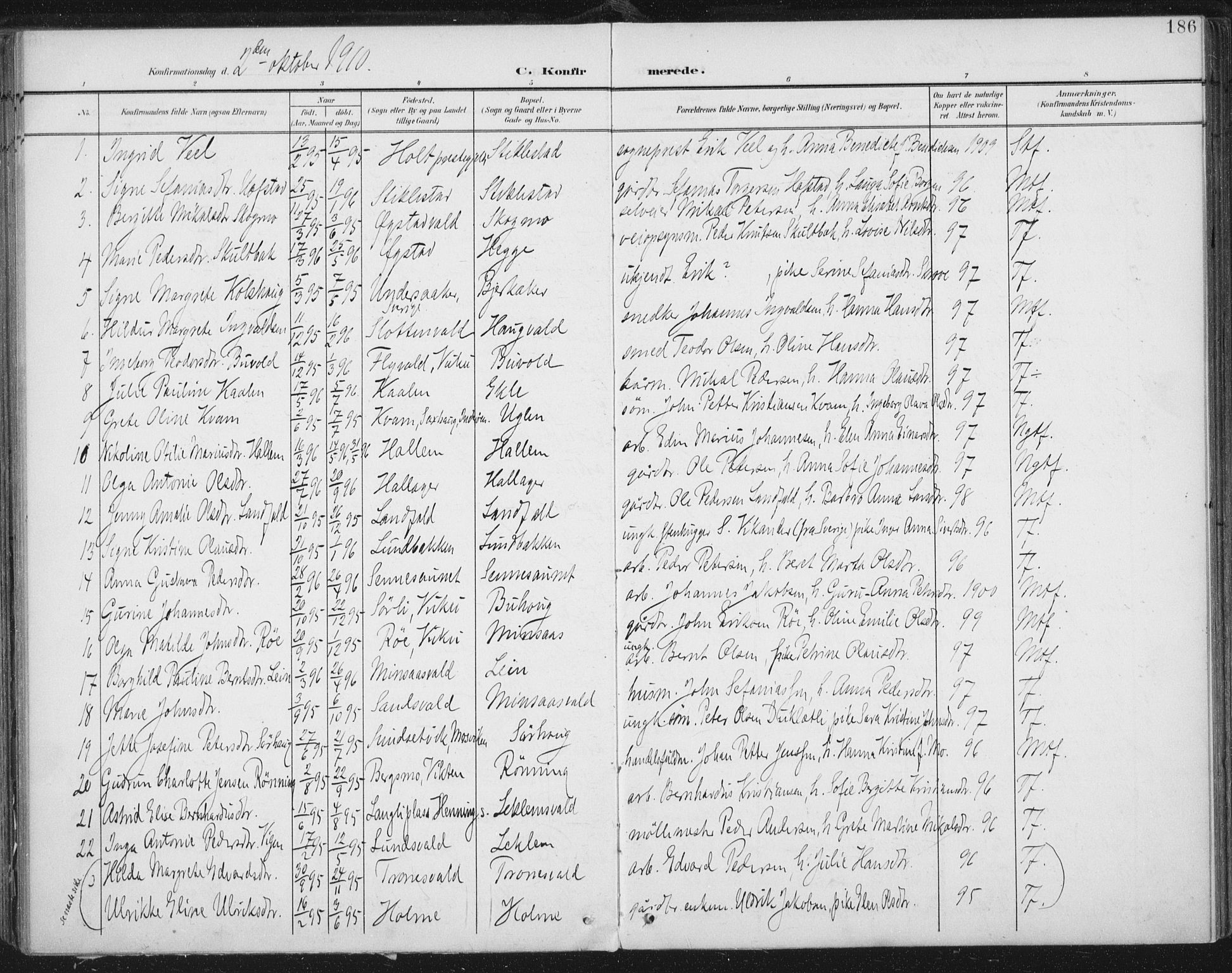Ministerialprotokoller, klokkerbøker og fødselsregistre - Nord-Trøndelag, SAT/A-1458/723/L0246: Parish register (official) no. 723A15, 1900-1917, p. 186