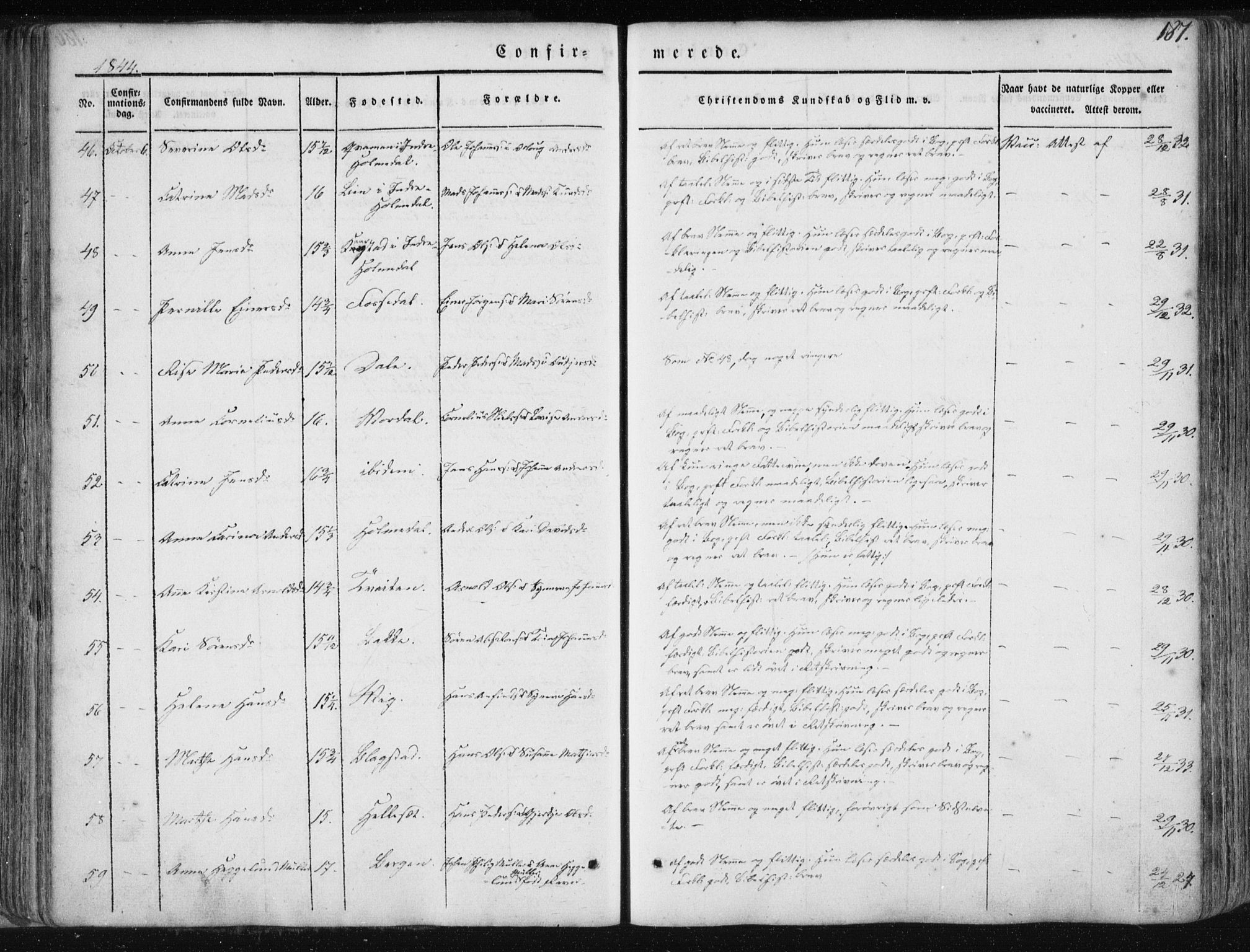 Fjaler sokneprestembete, AV/SAB-A-79801/H/Haa/Haaa/L0006: Parish register (official) no. A 6, 1835-1884, p. 187