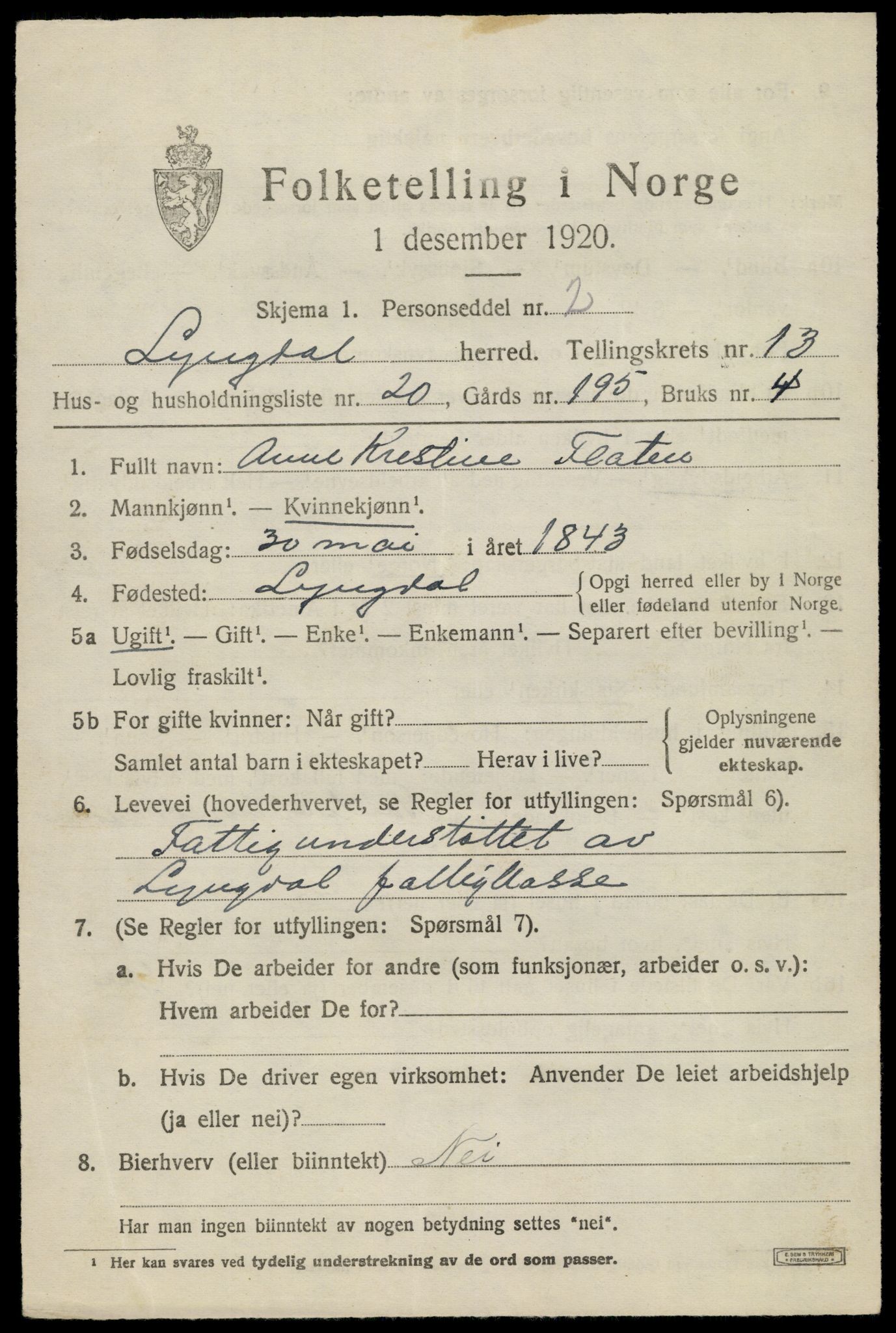 SAK, 1920 census for Lyngdal, 1920, p. 6005