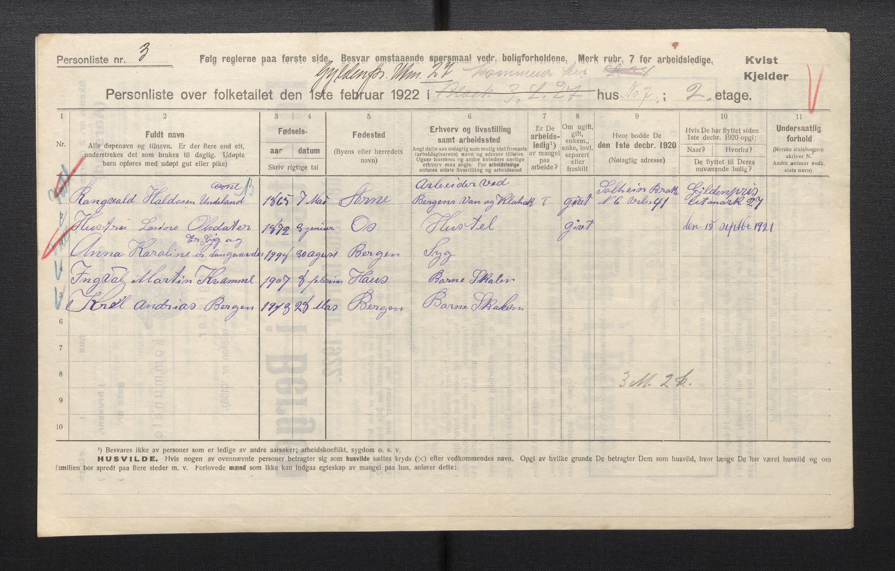 SAB, Municipal Census 1922 for Bergen, 1922, p. 49838