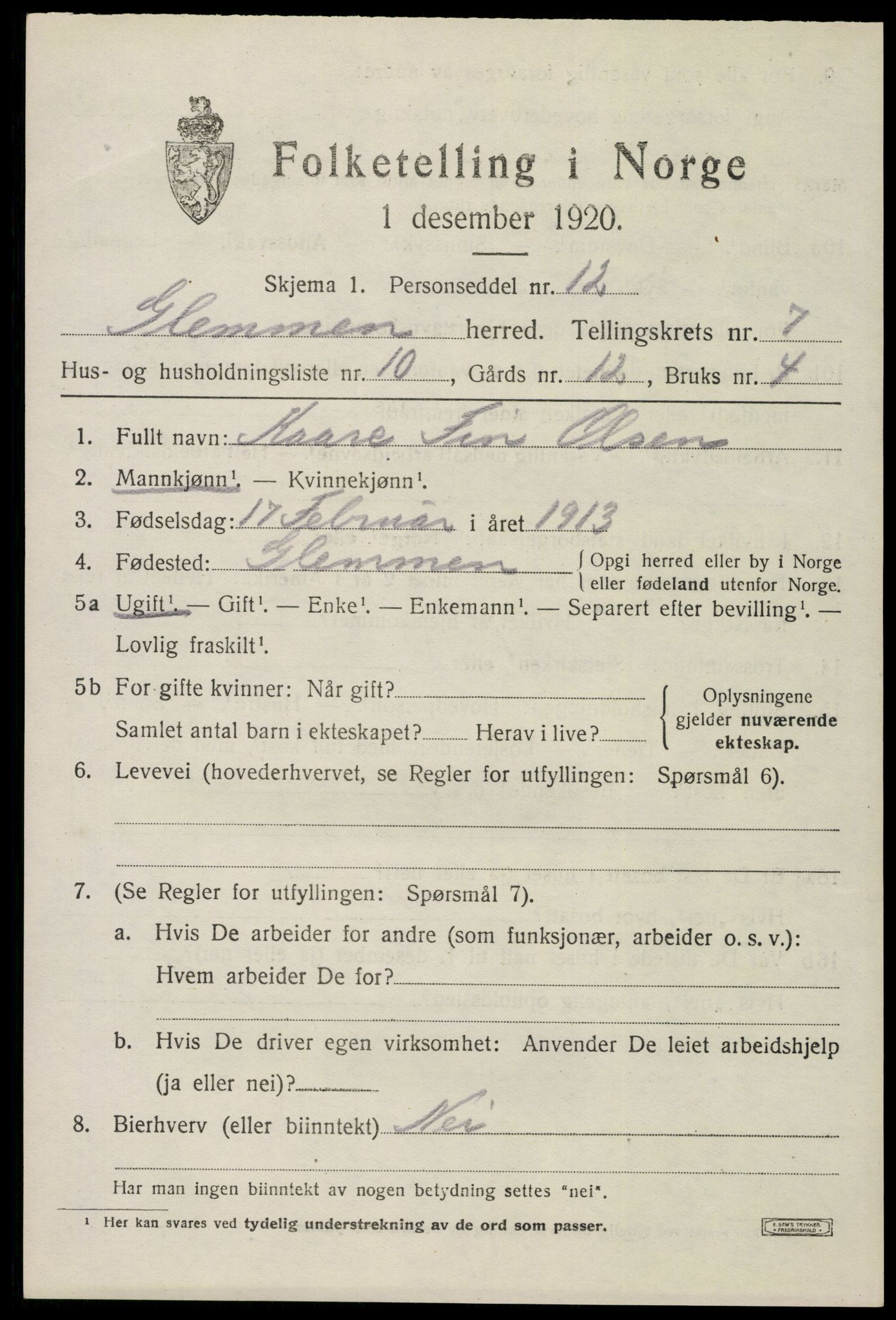 SAO, 1920 census for Glemmen, 1920, p. 23715