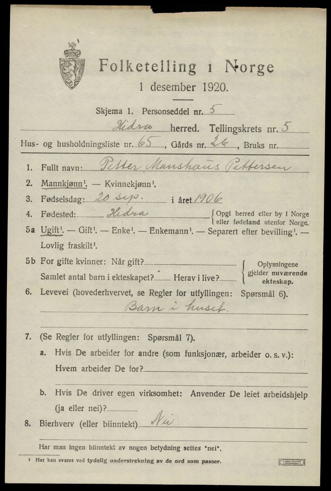 SAK, 1920 census for Hidra, 1920, p. 4072