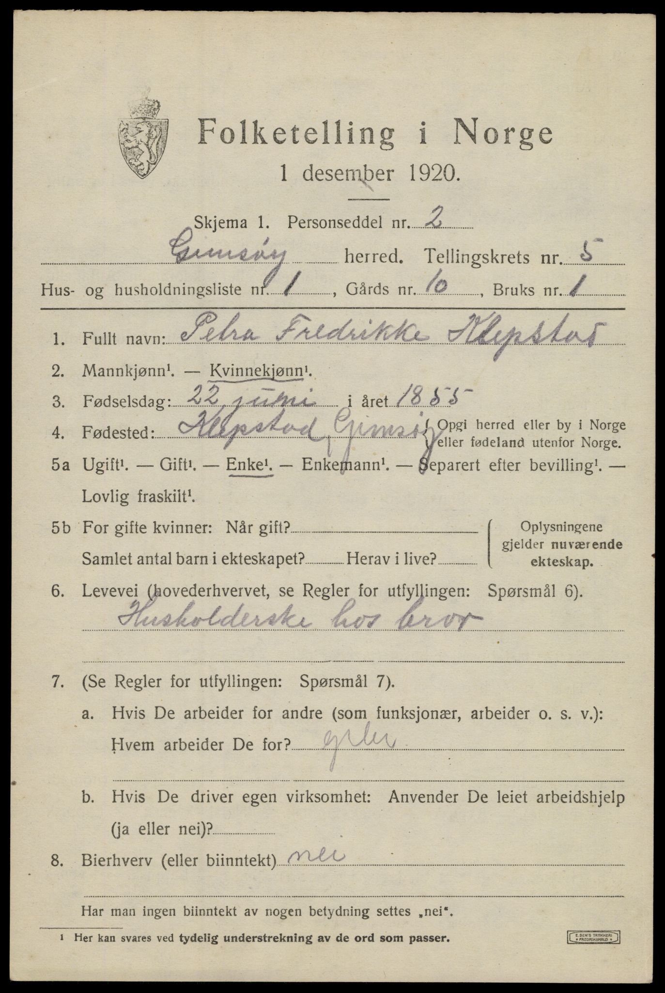 SAT, 1920 census for Gimsøy, 1920, p. 2525