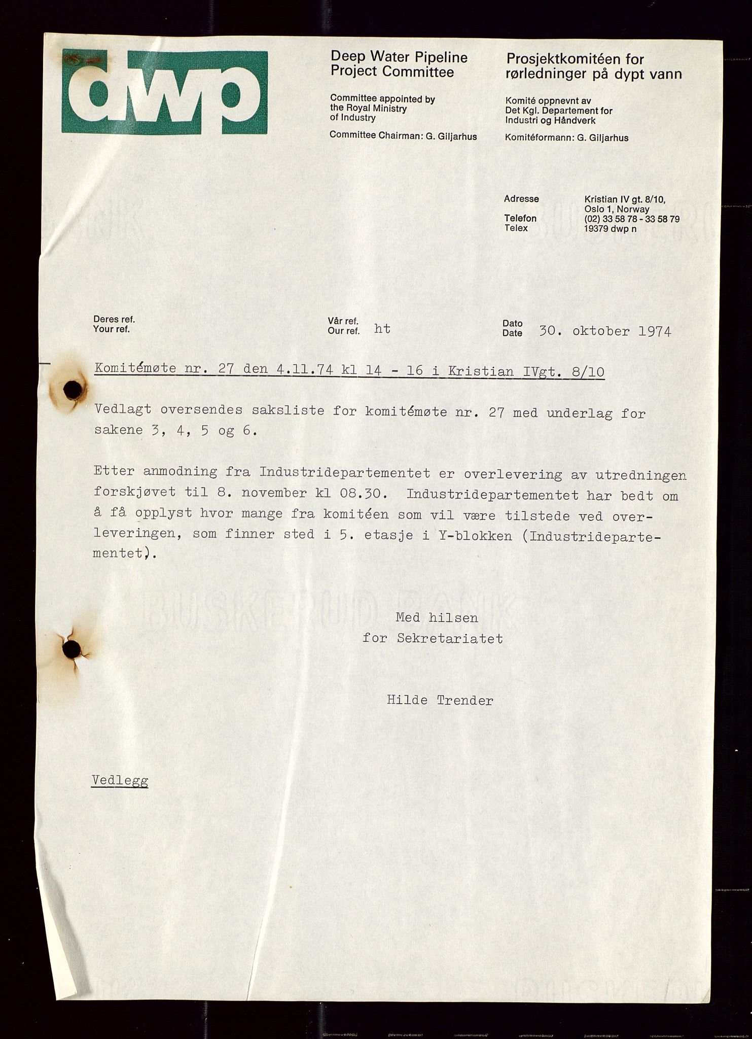 Industridepartementet, Oljekontoret, AV/SAST-A-101348/Di/L0001: DWP, møter juni - november, komiteemøter nr. 19 - 26, 1973-1974, p. 719