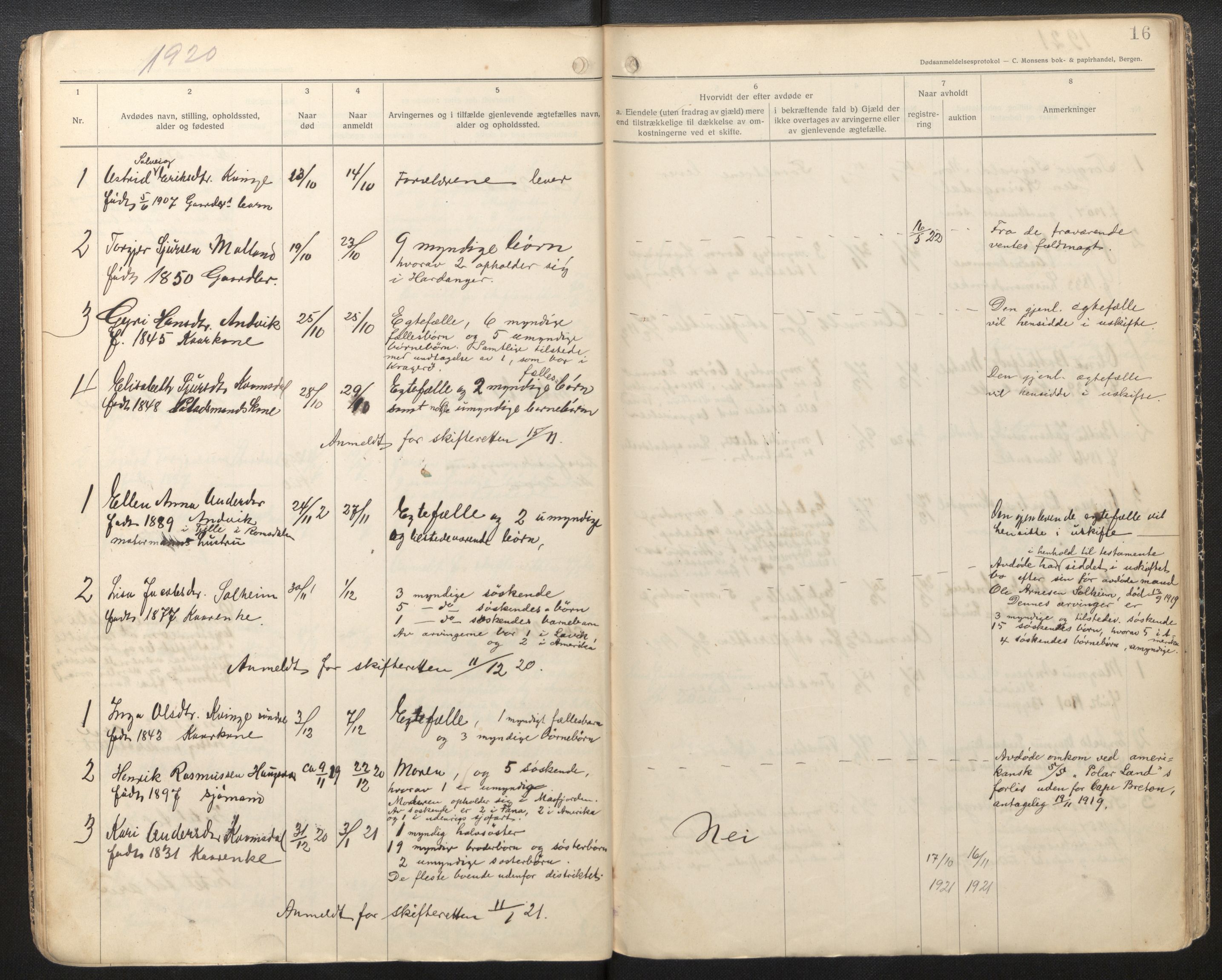 Lensmannen i Masfjorden, AV/SAB-A-33801/0006/L0006c: Dødsfallprotokoll, 1918-1935, p. 16
