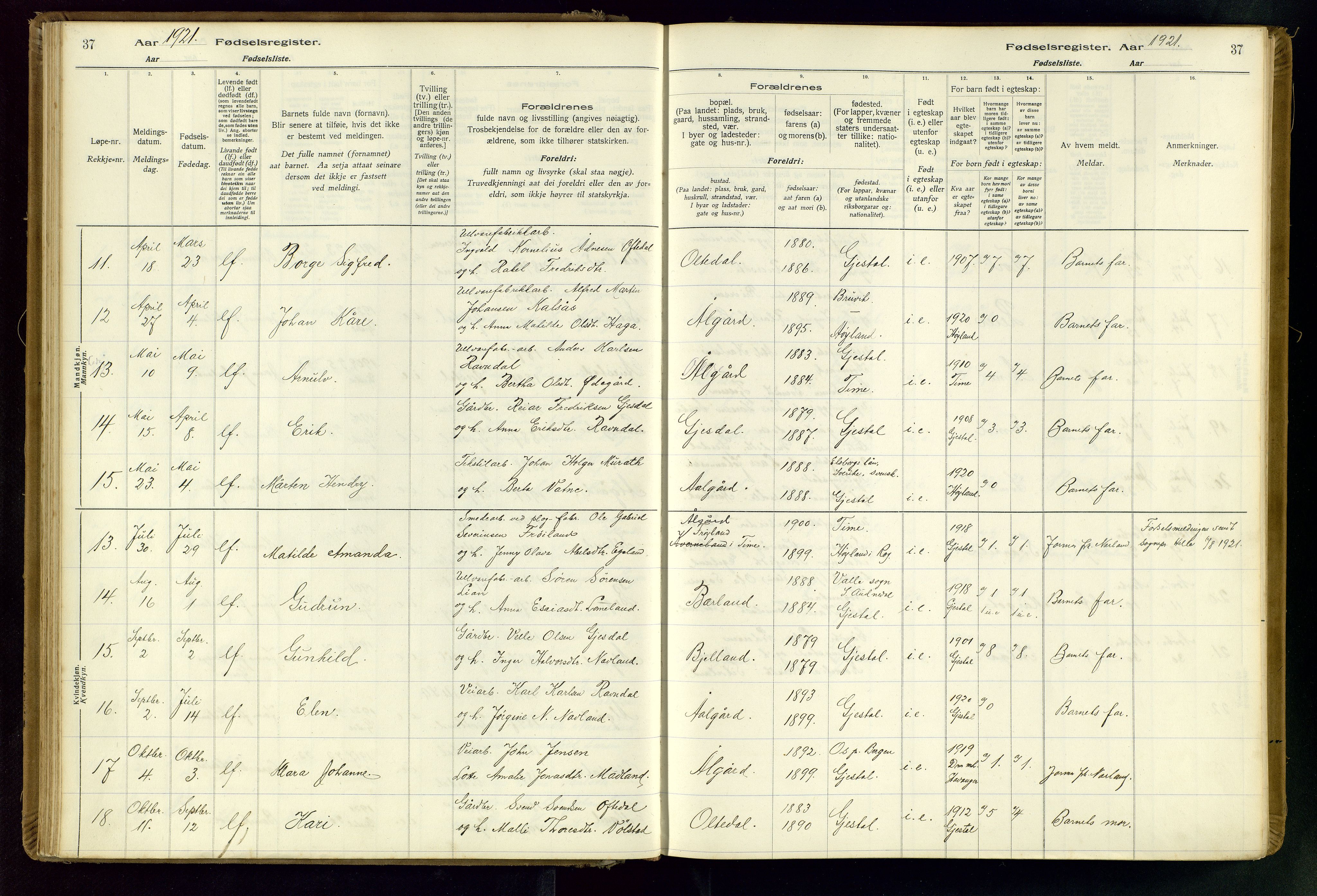 Gjesdal sokneprestkontor, AV/SAST-A-101796/002/O/L0001: Birth register no. 1, 1916-1949, p. 37