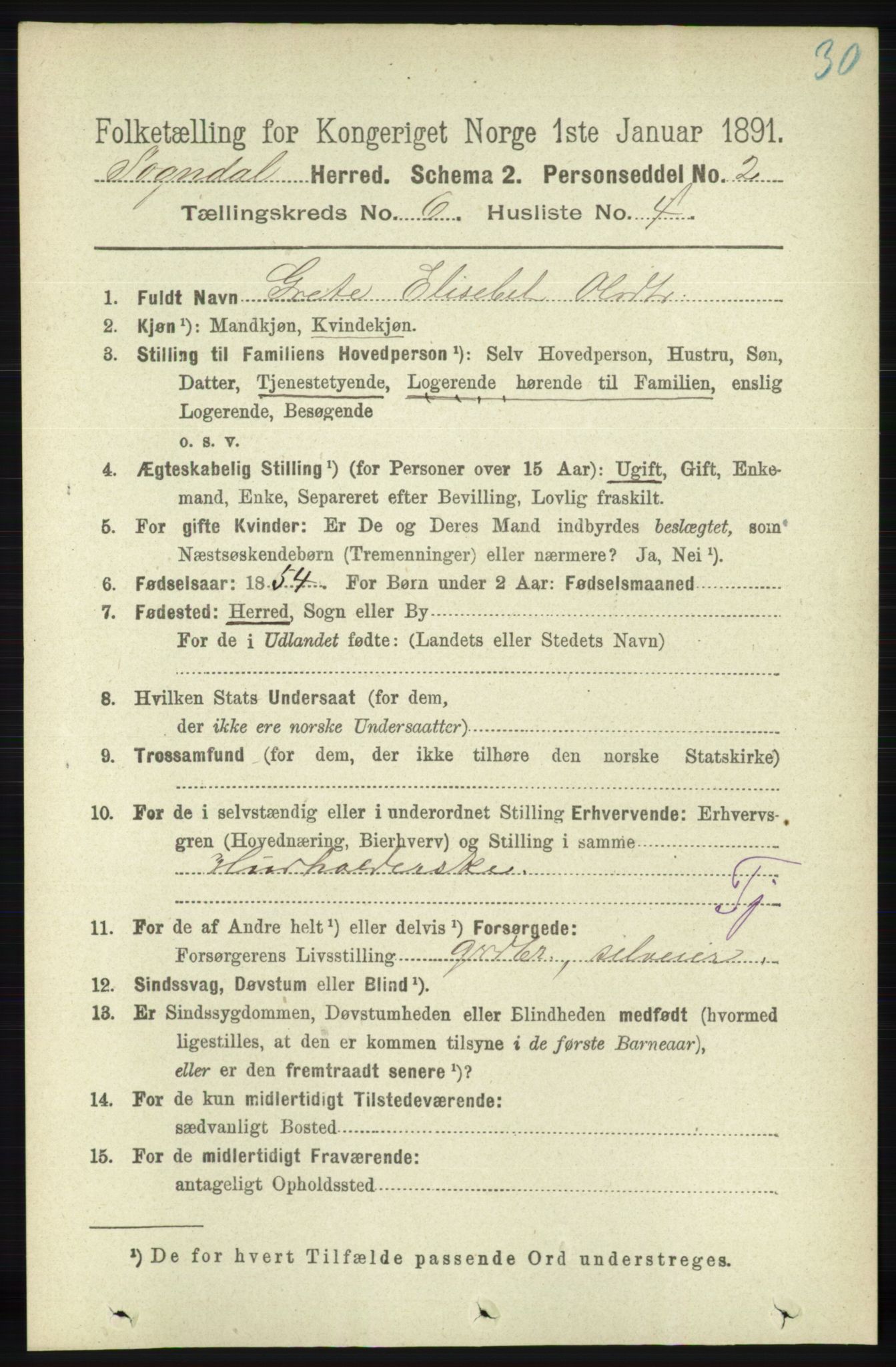 RA, 1891 census for 1111 Sokndal, 1891, p. 1656