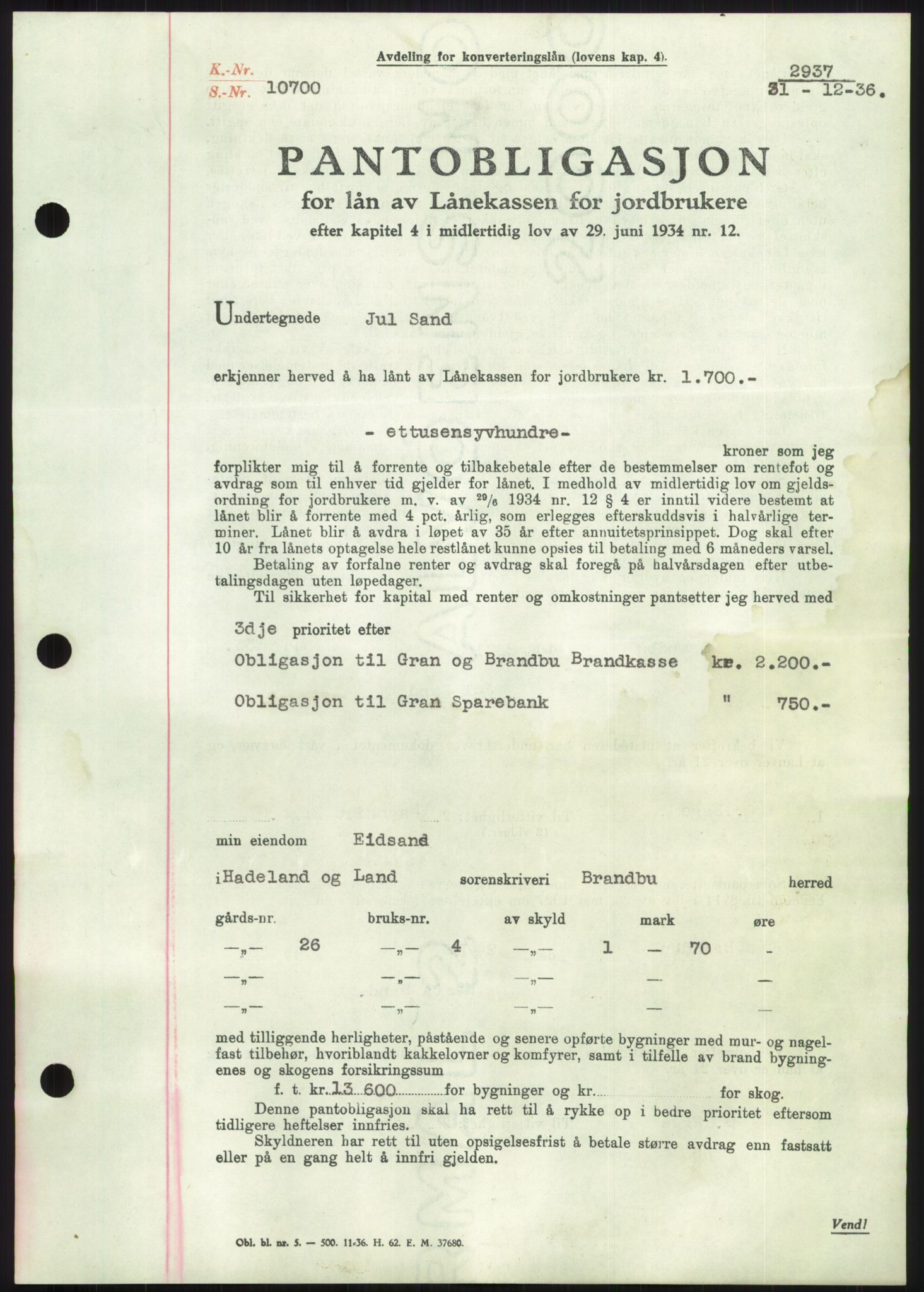 Hadeland og Land tingrett, SAH/TING-010/H/Hb/Hbc/L0002: Mortgage book no. B2, 1936-1937, Diary no: : 2937/1936