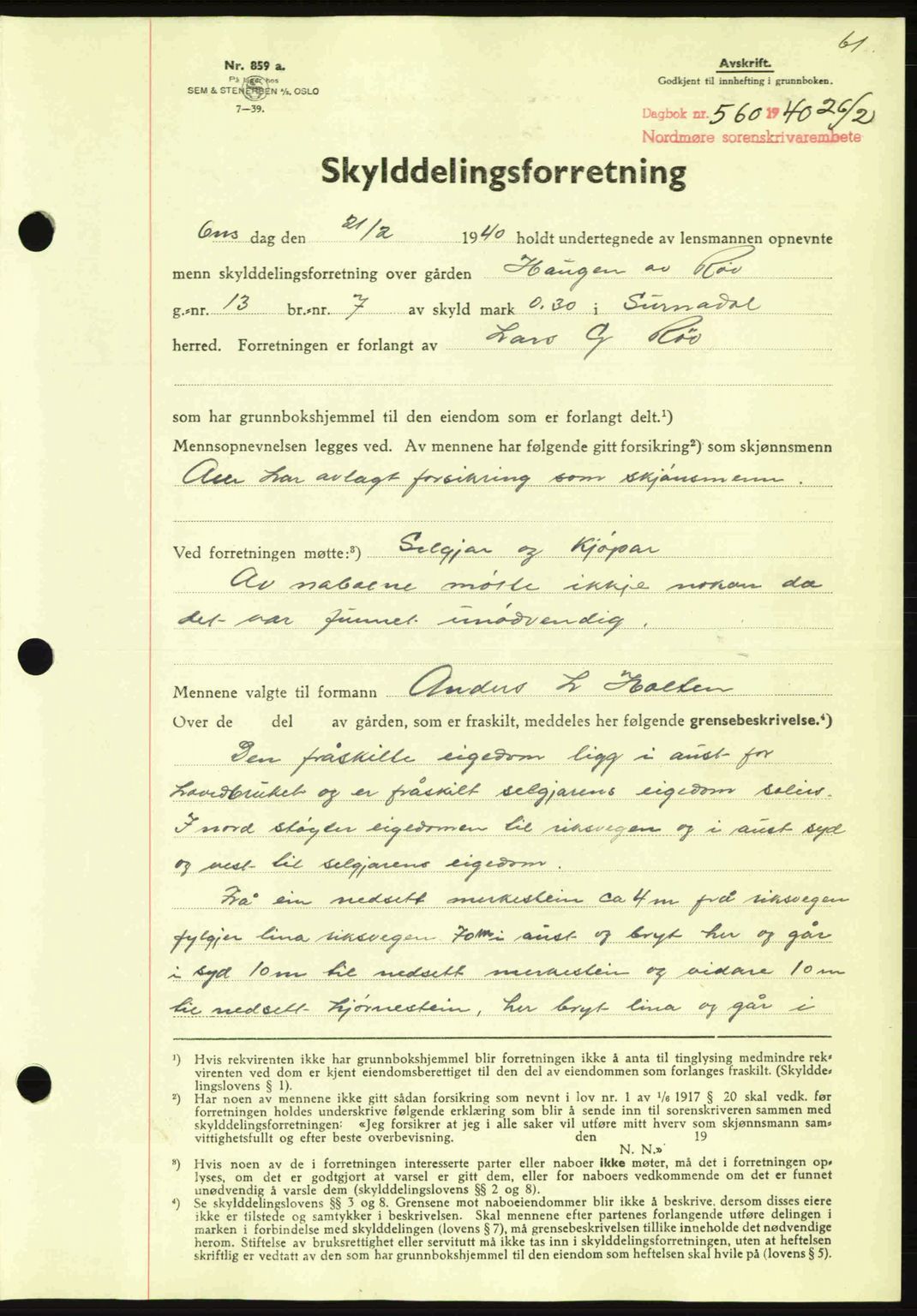 Nordmøre sorenskriveri, AV/SAT-A-4132/1/2/2Ca: Mortgage book no. A88, 1940-1940, Diary no: : 560/1940