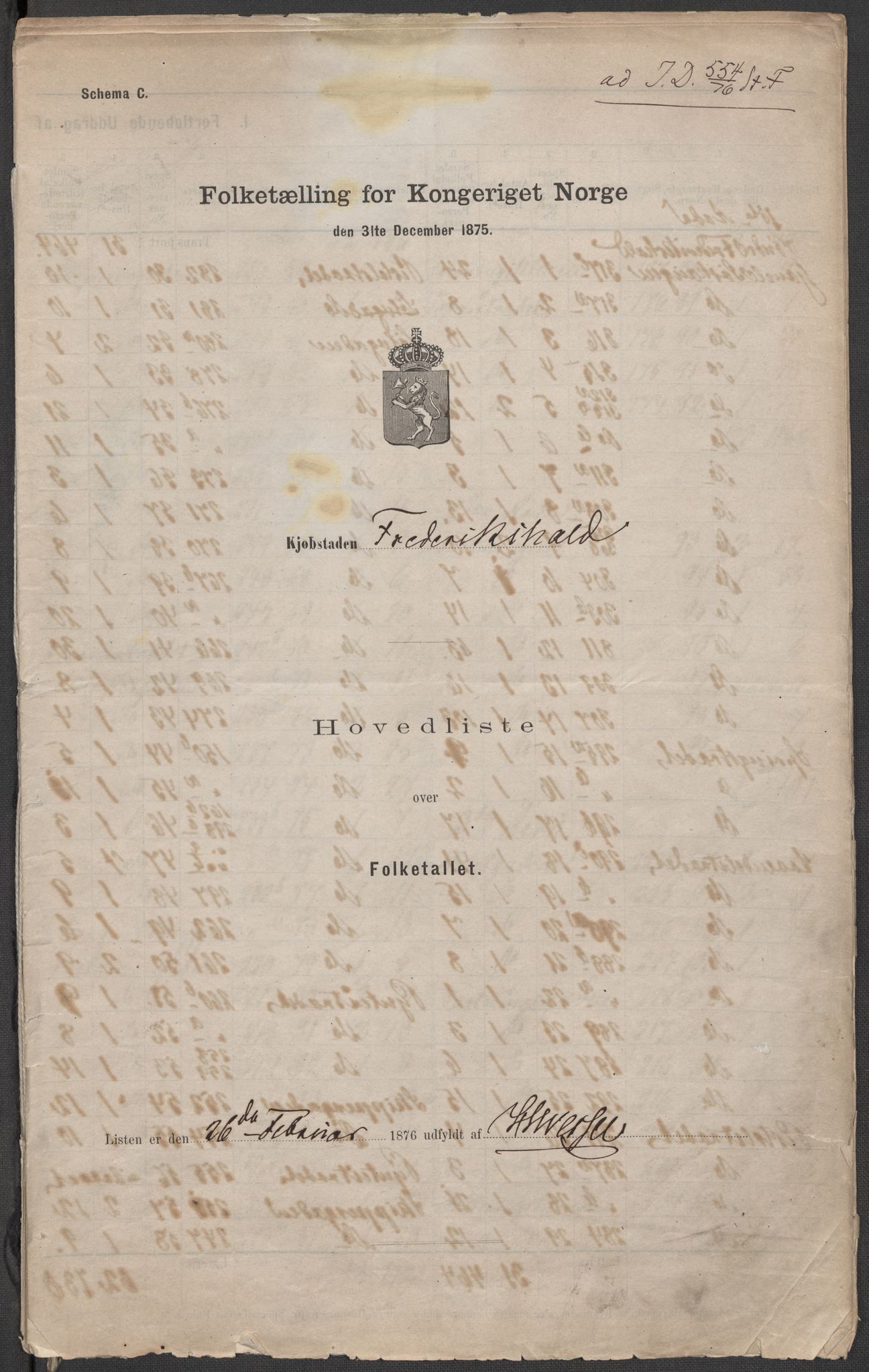 RA, 1875 census for 0101P Fredrikshald, 1875, p. 1