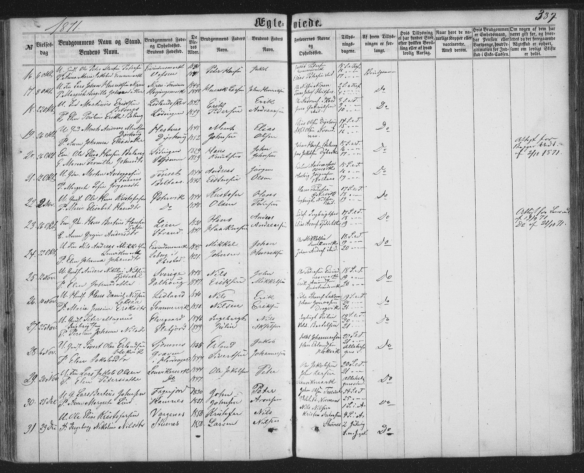 Ministerialprotokoller, klokkerbøker og fødselsregistre - Nordland, AV/SAT-A-1459/863/L0896: Parish register (official) no. 863A08, 1861-1871, p. 337