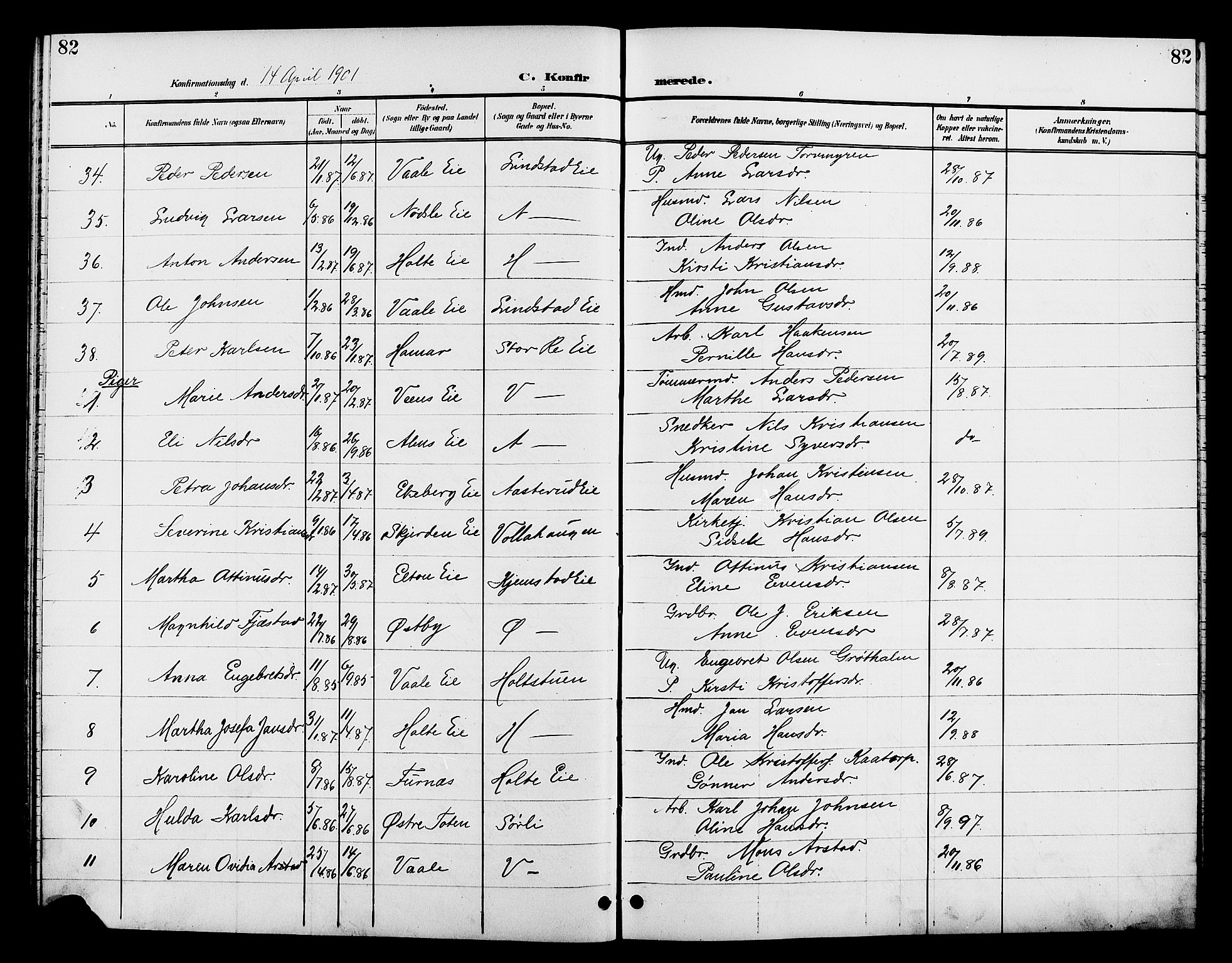 Stange prestekontor, AV/SAH-PREST-002/L/L0012: Parish register (copy) no. 12, 1900-1908, p. 82