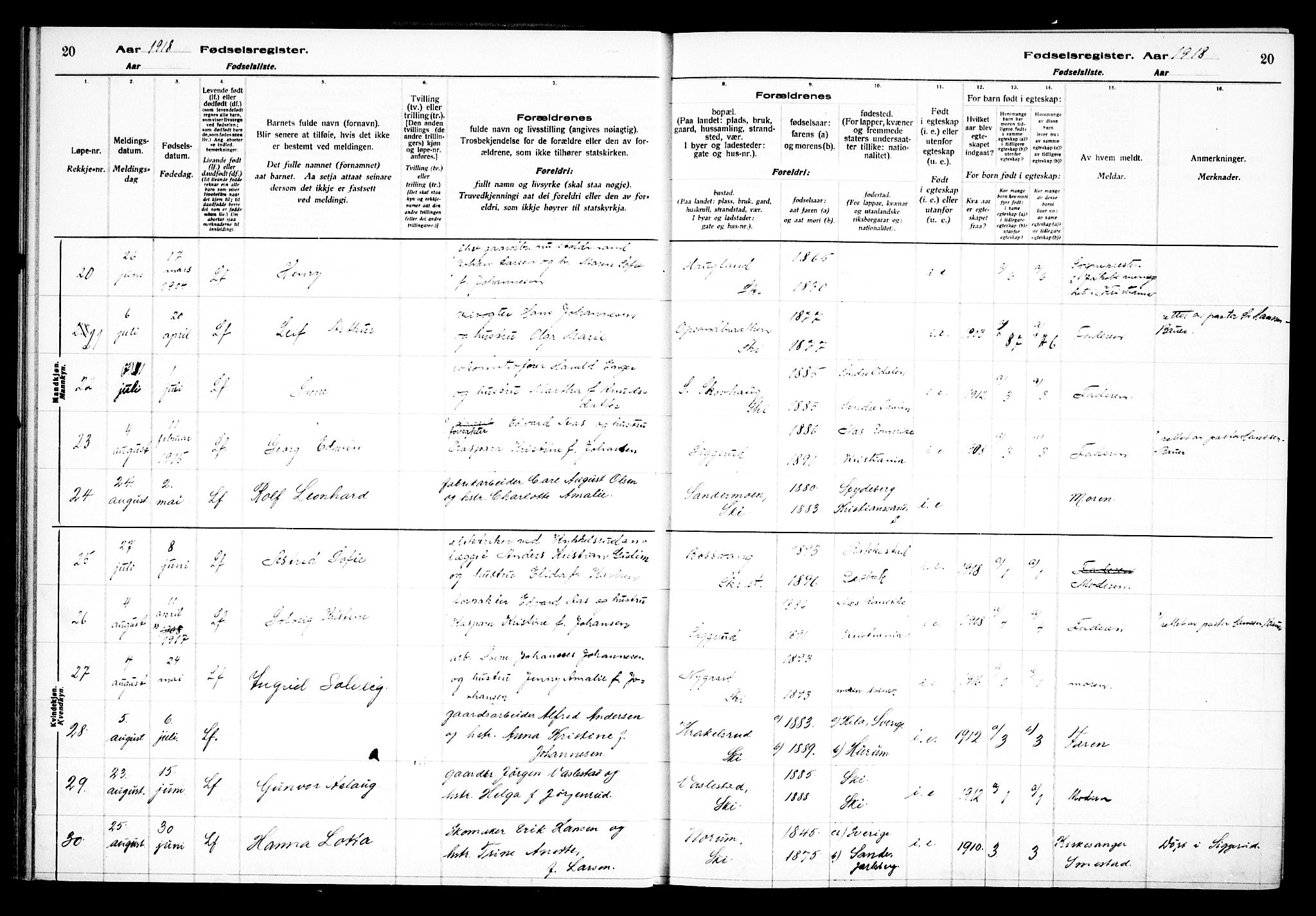 Kråkstad prestekontor Kirkebøker, AV/SAO-A-10125a/J/Jb/L0001: Birth register no. II 1, 1916-1936, p. 20