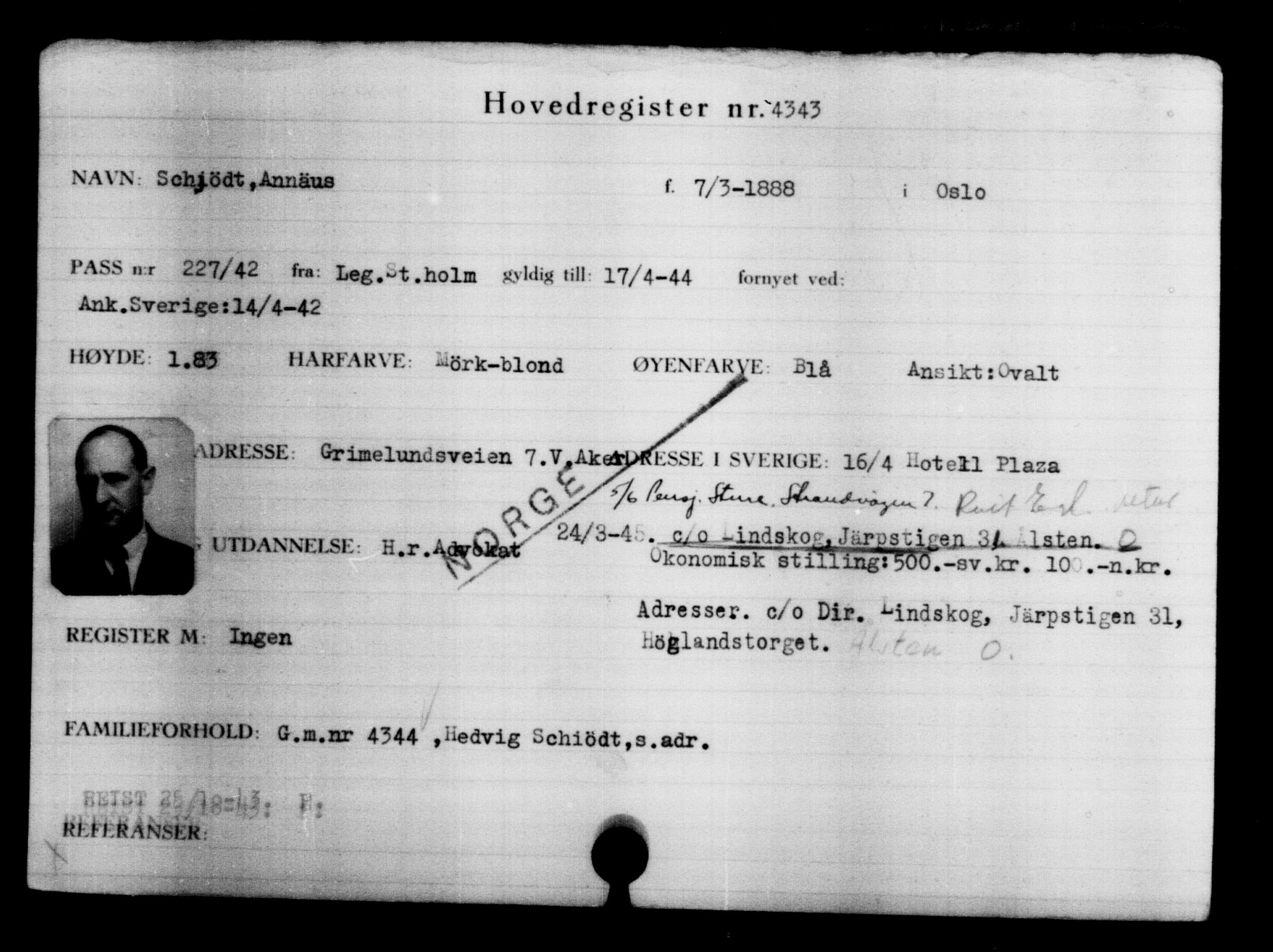 Den Kgl. Norske Legasjons Flyktningskontor, RA/S-6753/V/Va/L0004: Kjesäterkartoteket.  Flyktningenr. 3496-6610, 1940-1945, p. 1027