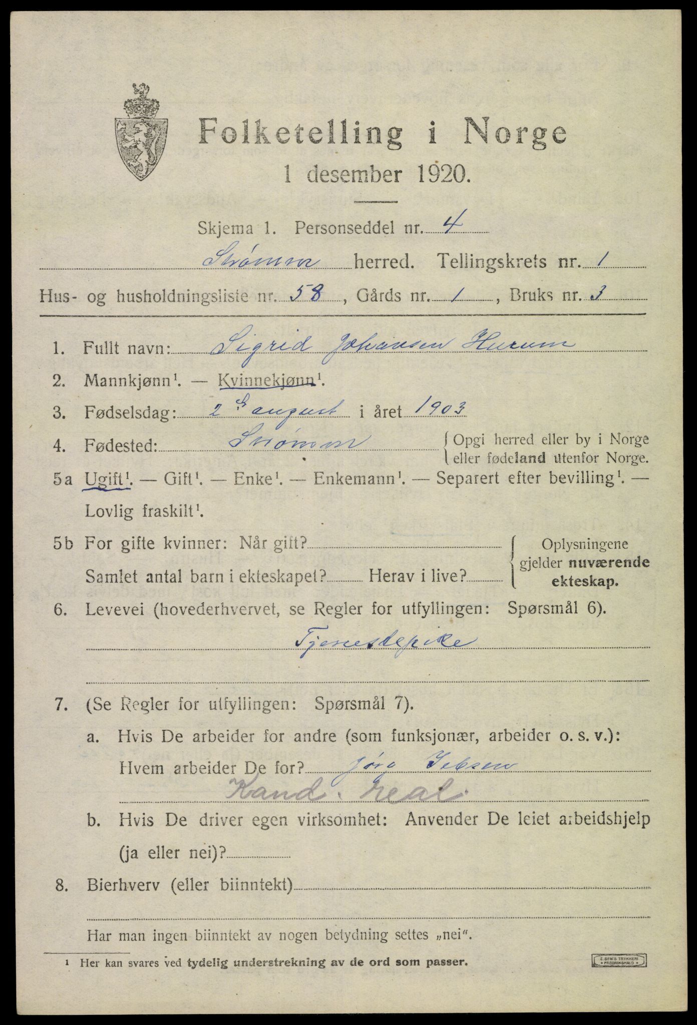 SAKO, 1920 census for Strømm, 1920, p. 1571