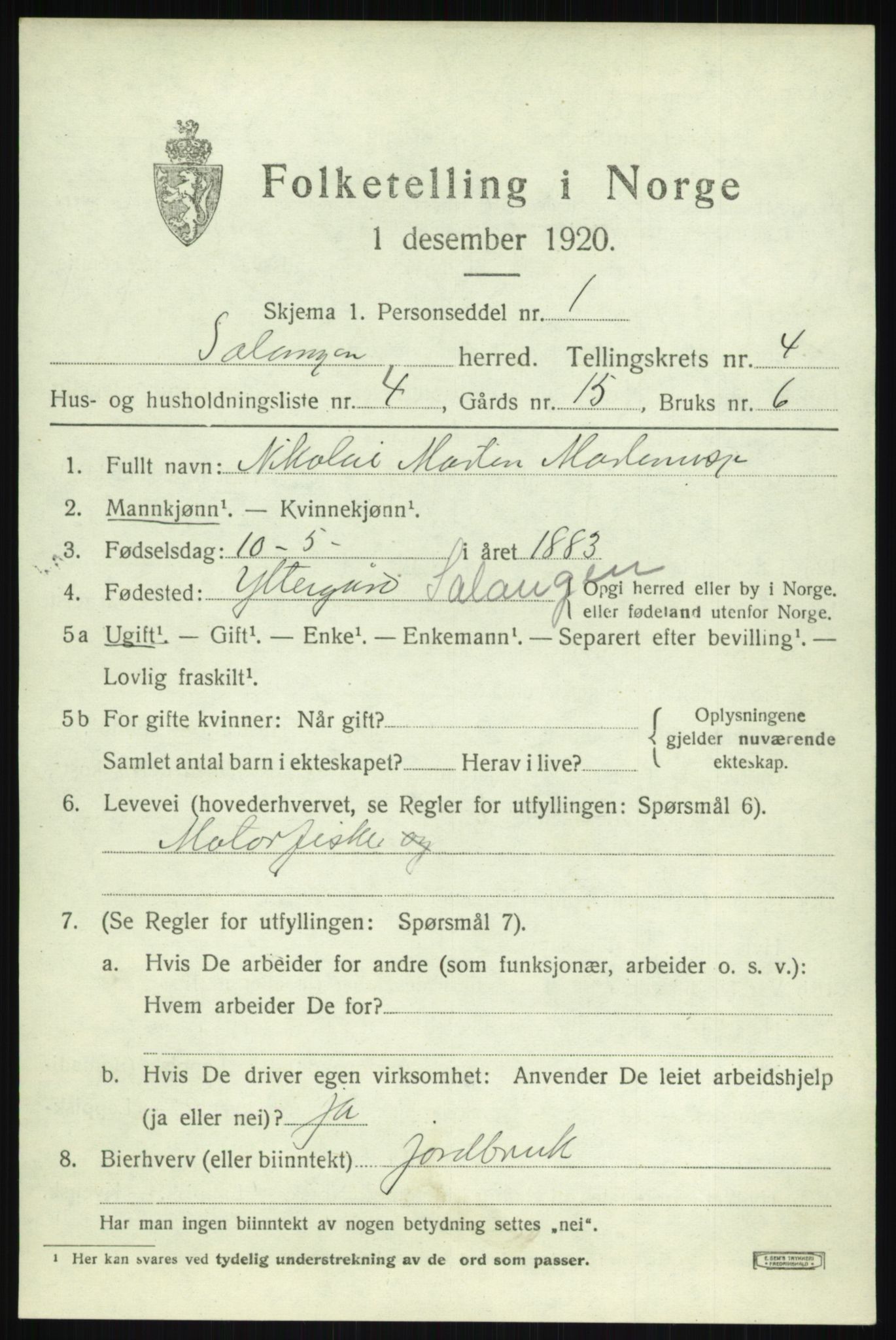 SATØ, 1920 census for Salangen, 1920, p. 2308