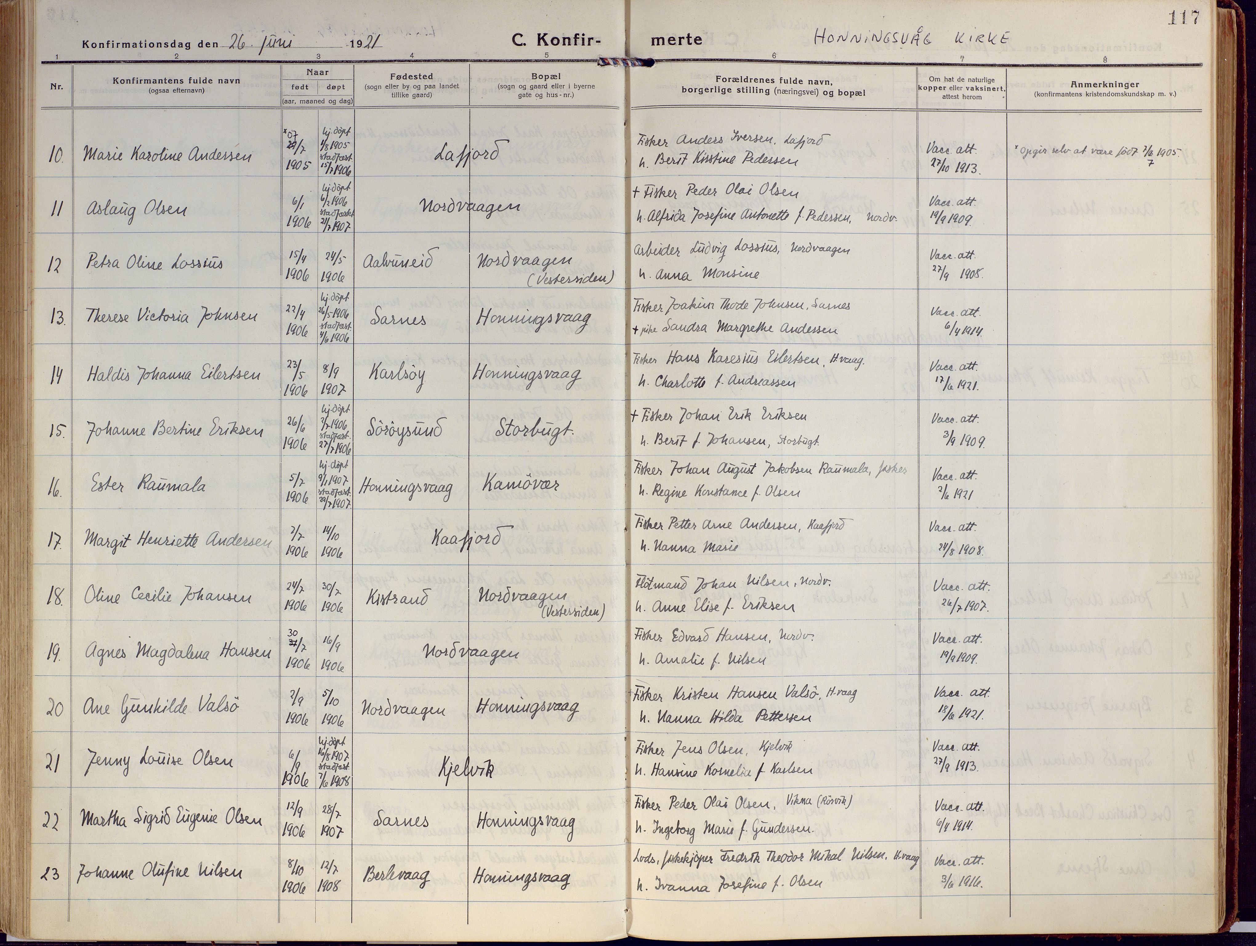 Kjelvik/Nordkapp sokneprestkontor, AV/SATØ-S-1350/H/Ha/L0002kirke: Parish register (official) no. 2, 1920-1929, p. 117