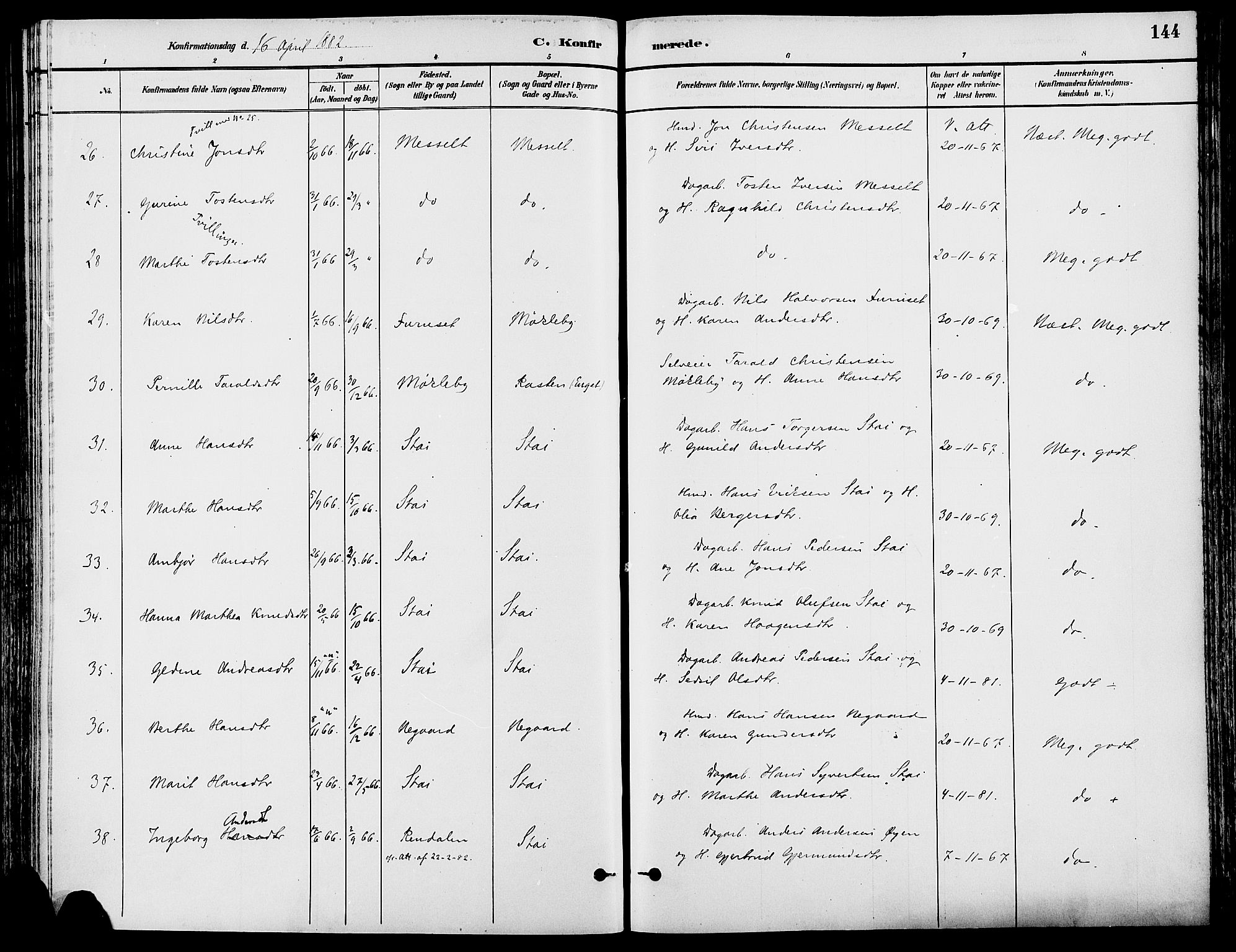 Stor-Elvdal prestekontor, SAH/PREST-052/H/Ha/Haa/L0002: Parish register (official) no. 2, 1882-1907, p. 144