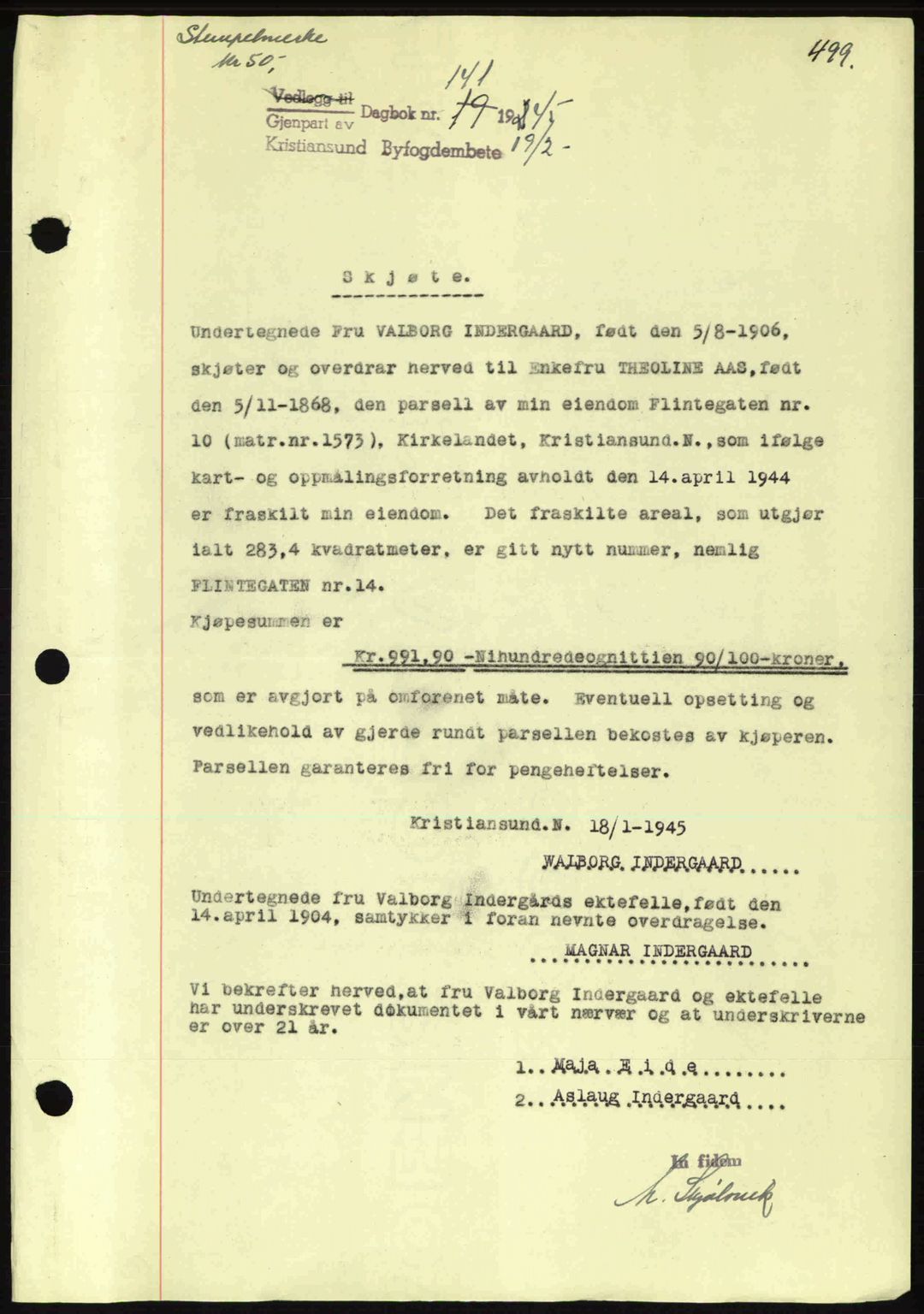 Kristiansund byfogd, AV/SAT-A-4587/A/27: Mortgage book no. 34, 1941-1945, Diary no: : 141/1945