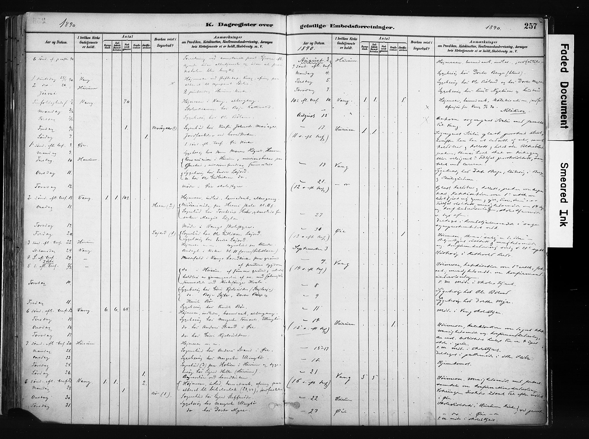 Vang prestekontor, Valdres, SAH/PREST-140/H/Ha/L0008: Parish register (official) no. 8, 1882-1910, p. 257