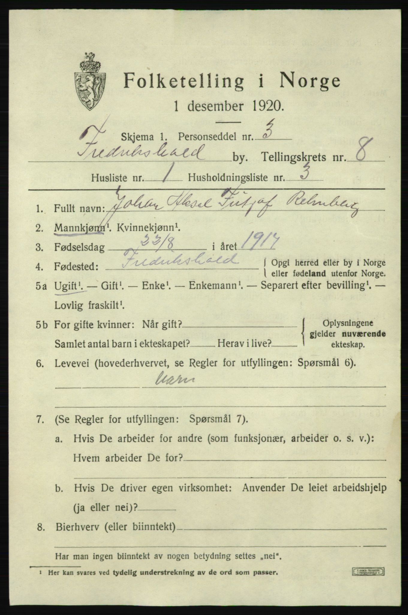 SAO, 1920 census for Fredrikshald, 1920, p. 14613
