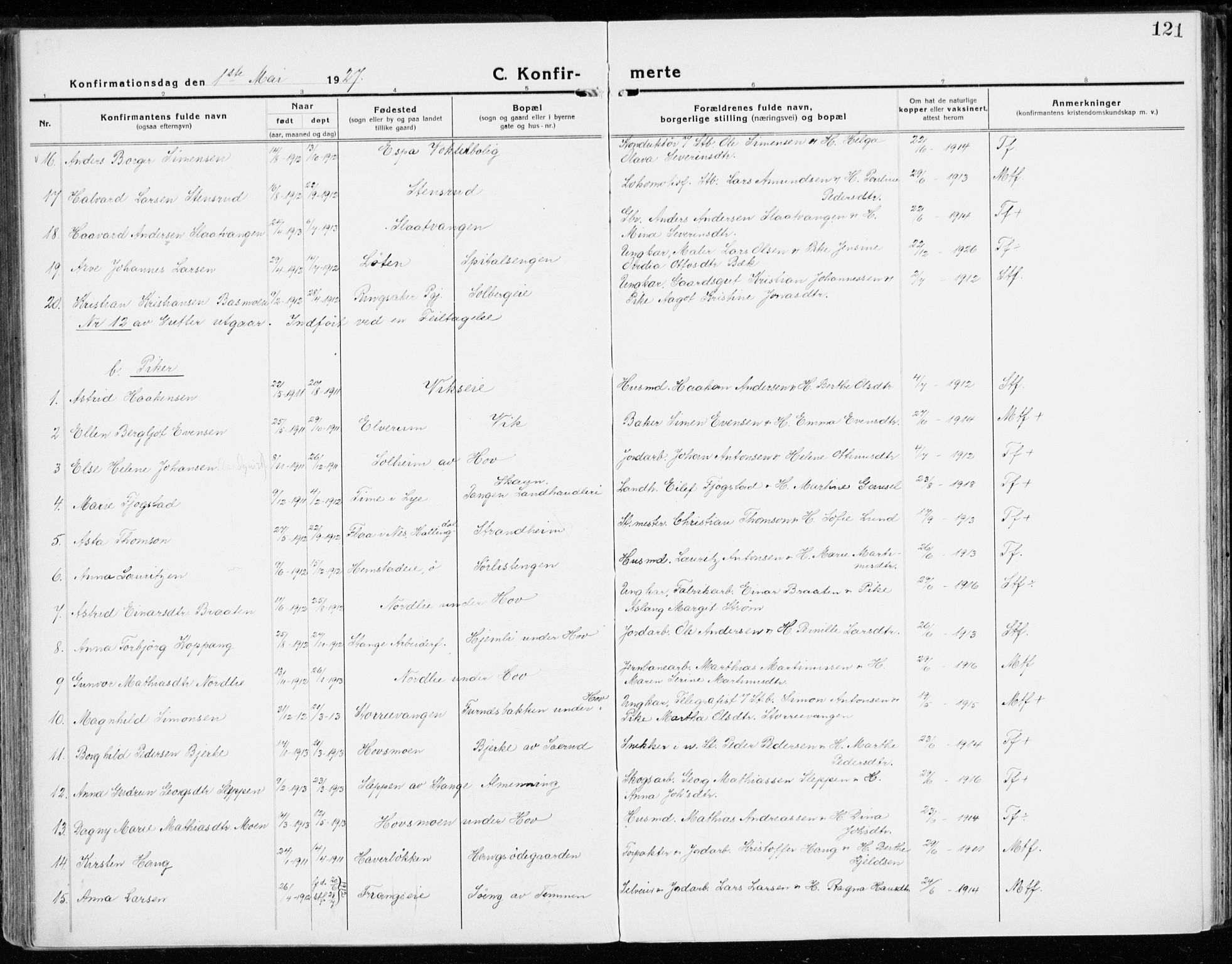 Stange prestekontor, SAH/PREST-002/K/L0025: Parish register (official) no. 25, 1921-1945, p. 121