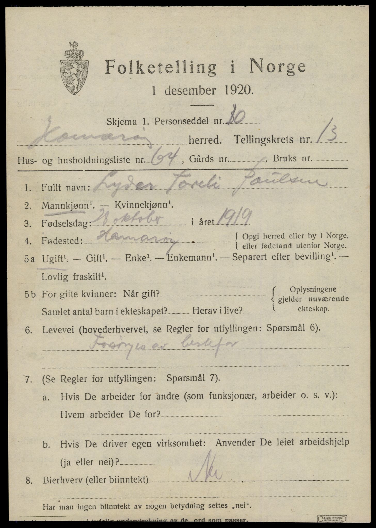 SAT, 1920 census for Hamarøy, 1920, p. 6776