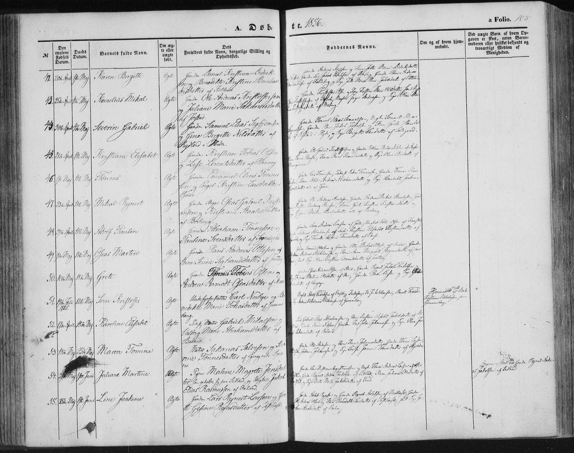 Lista sokneprestkontor, SAK/1111-0027/F/Fa/L0010: Parish register (official) no. A 10, 1846-1861, p. 105