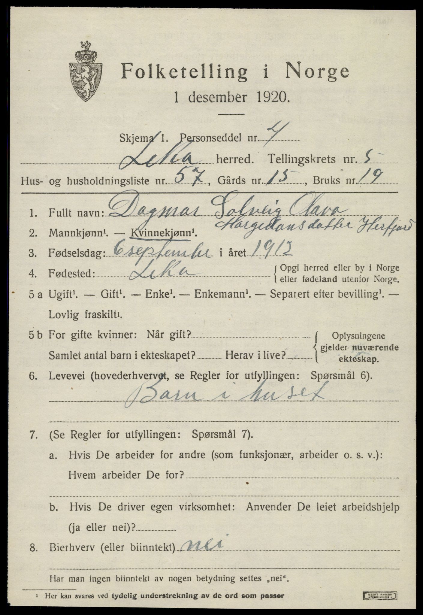 SAT, 1920 census for Leka, 1920, p. 2777