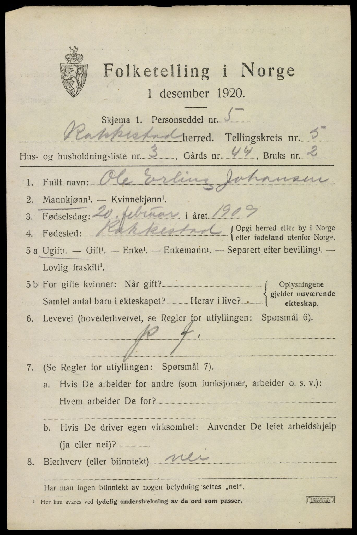 SAO, 1920 census for Rakkestad, 1920, p. 6029