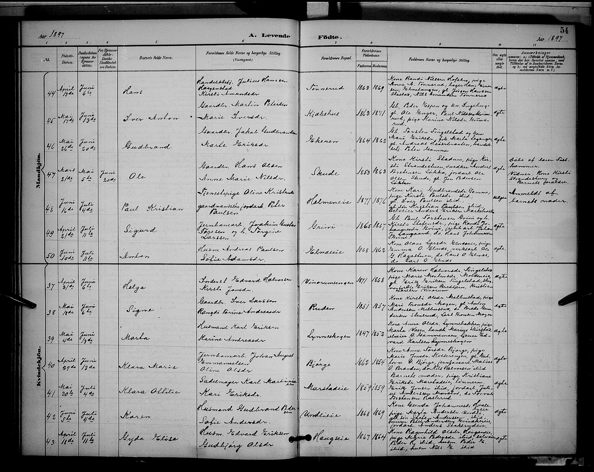Gran prestekontor, SAH/PREST-112/H/Ha/Hab/L0005: Parish register (copy) no. 5, 1892-1900, p. 54
