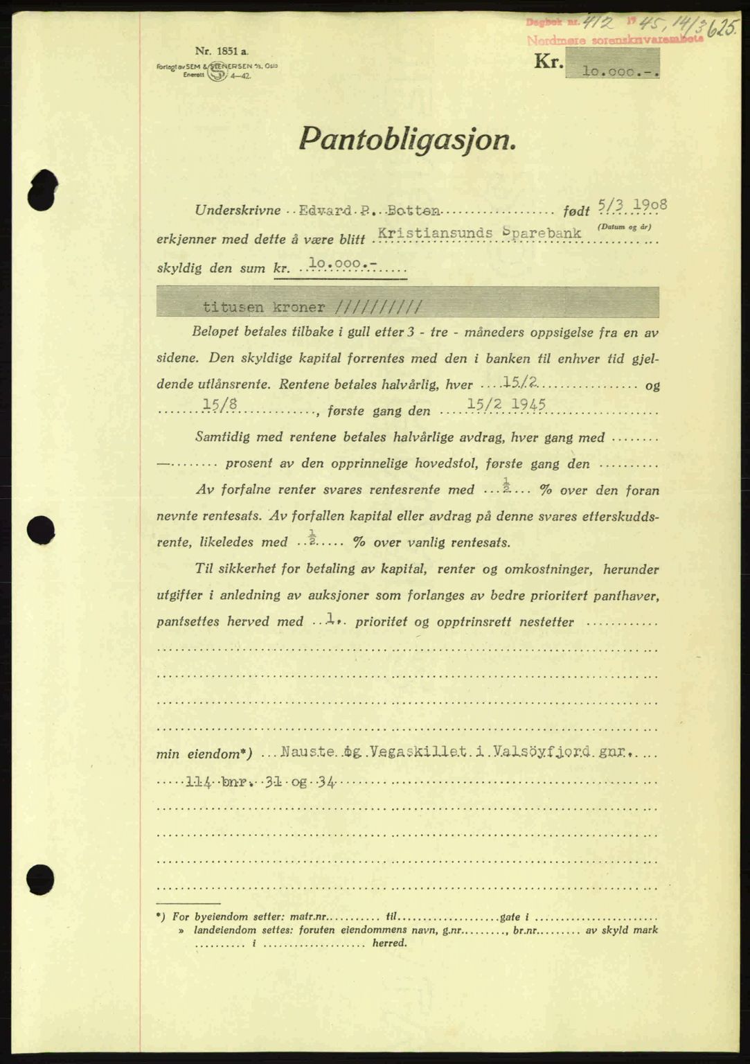 Nordmøre sorenskriveri, AV/SAT-A-4132/1/2/2Ca: Mortgage book no. B92, 1944-1945, Diary no: : 412/1945