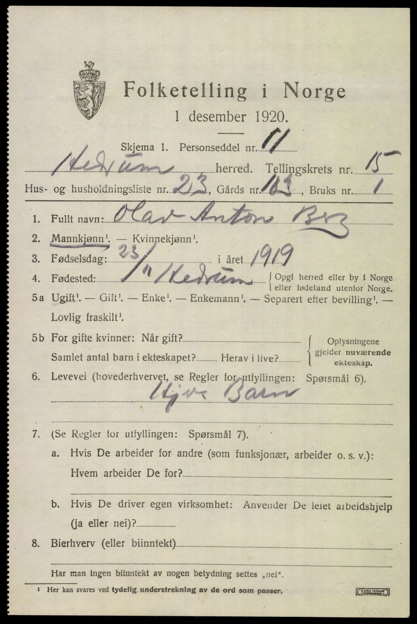 SAKO, 1920 census for Hedrum, 1920, p. 10219