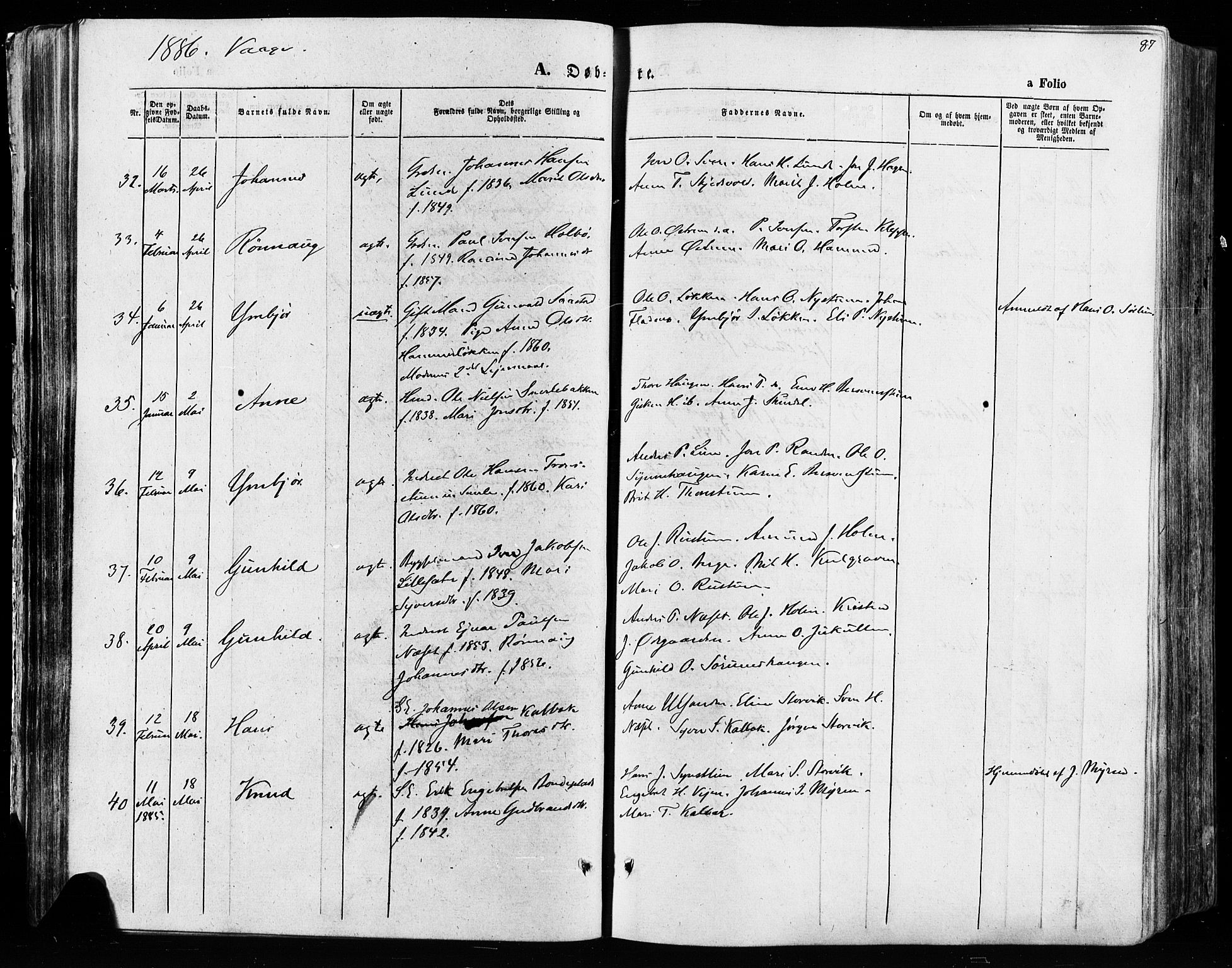Vågå prestekontor, AV/SAH-PREST-076/H/Ha/Haa/L0007: Parish register (official) no. 7 /1, 1872-1886, p. 87