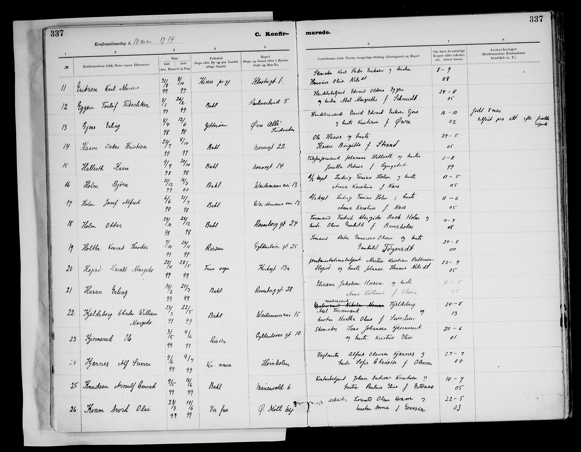 Ministerialprotokoller, klokkerbøker og fødselsregistre - Sør-Trøndelag, AV/SAT-A-1456/604/L0203: Parish register (official) no. 604A23, 1908-1916, p. 337