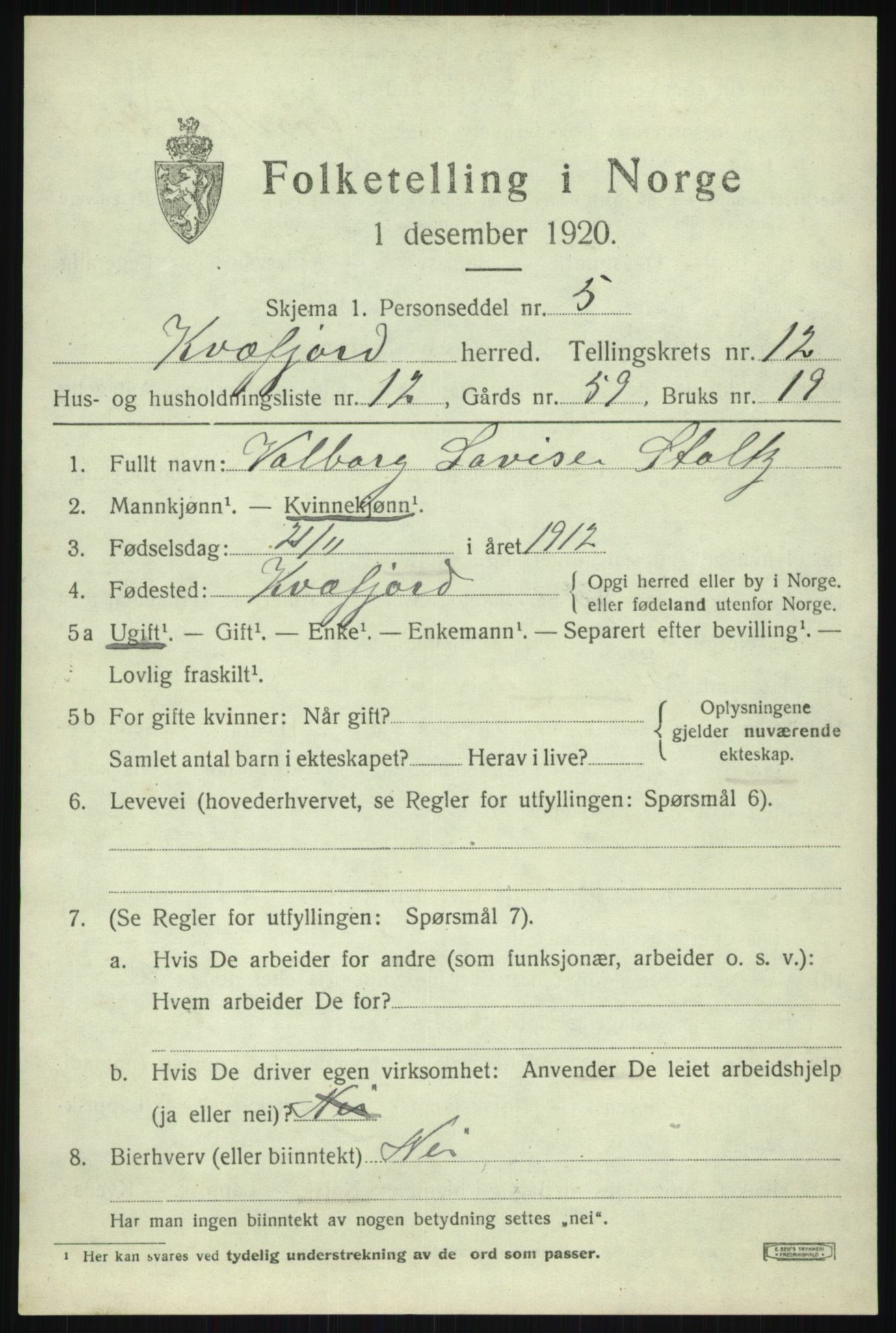 SATØ, 1920 census for Kvæfjord, 1920, p. 5829