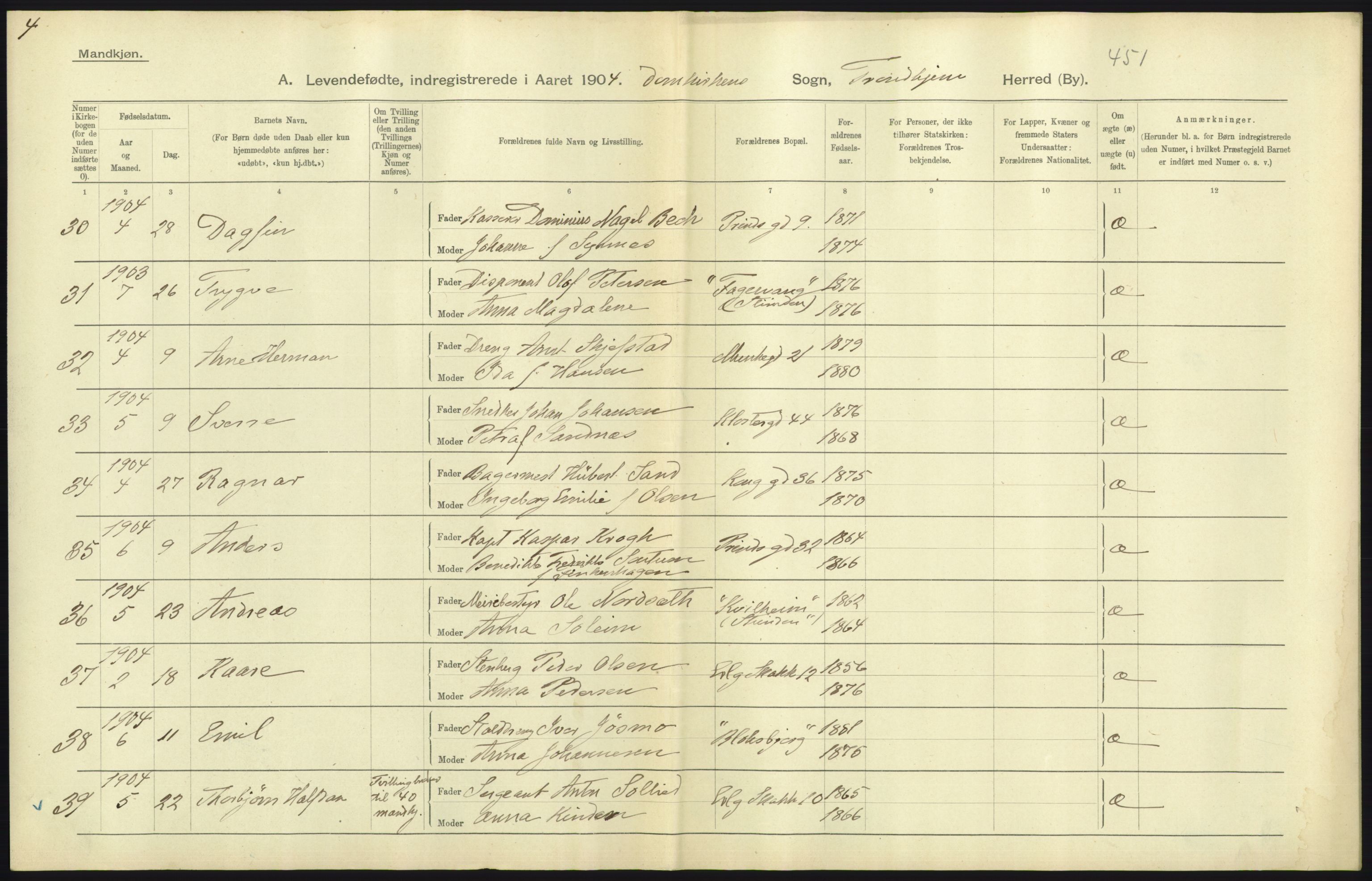 Statistisk sentralbyrå, Sosiodemografiske emner, Befolkning, AV/RA-S-2228/D/Df/Dfa/Dfab/L0018: Trondhjem: Fødte, gifte, døde., 1904, p. 187