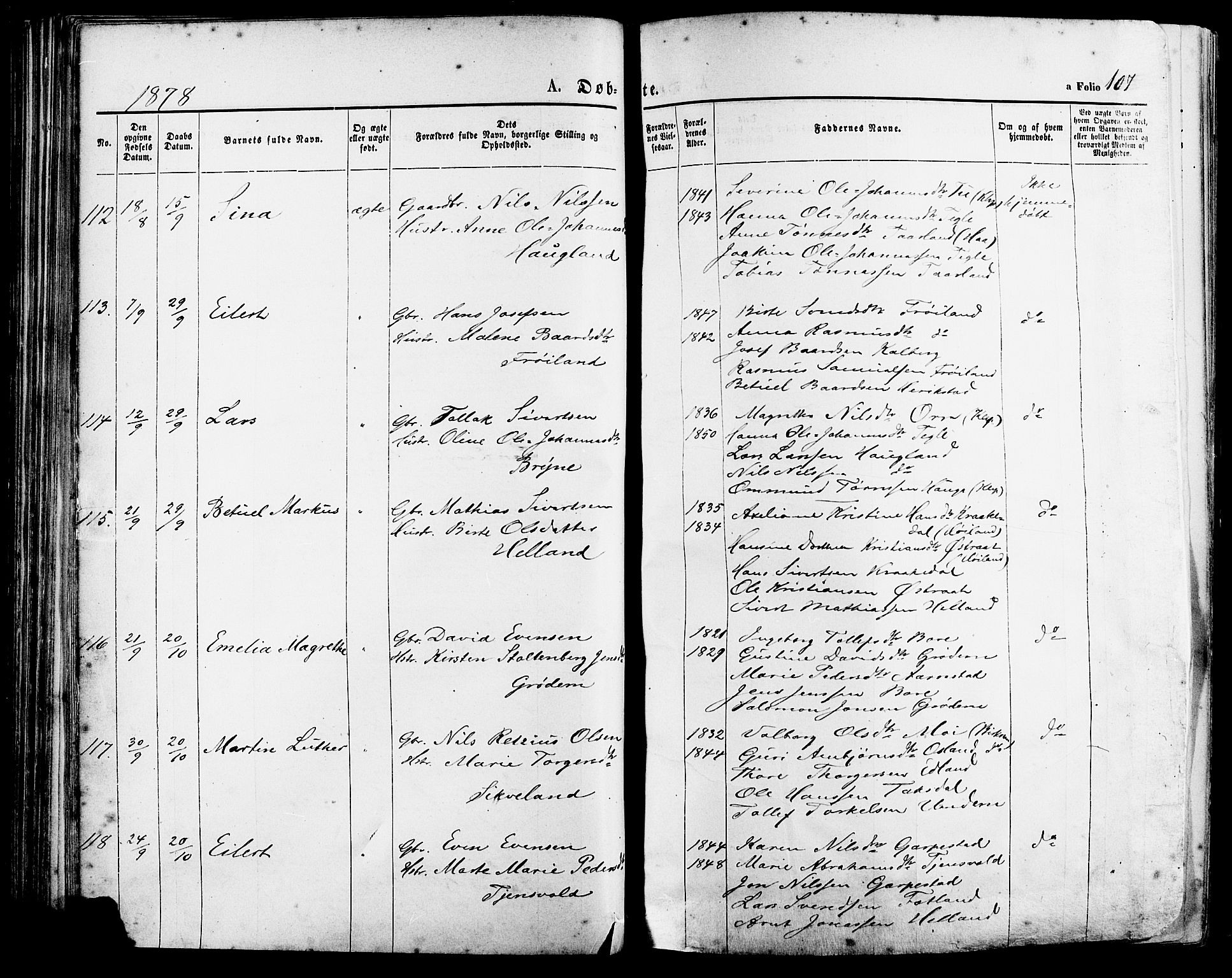 Lye sokneprestkontor, AV/SAST-A-101794/001/30BA/L0008: Parish register (official) no. A 7, 1872-1881, p. 107