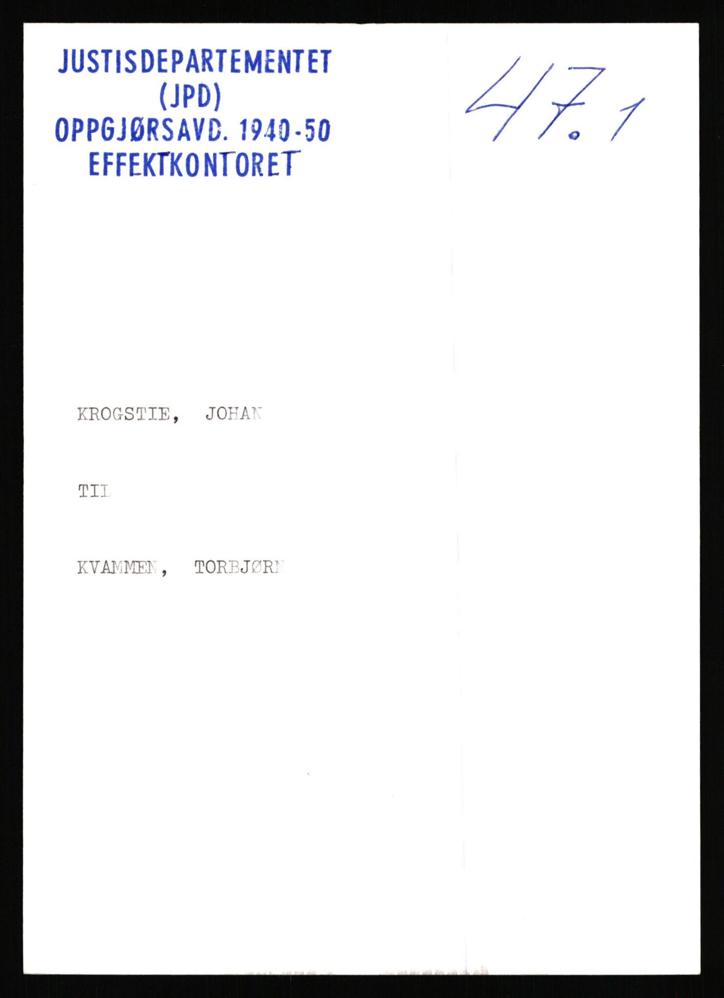 Justisdepartementet, Oppgjørsavdelingen, AV/RA-S-1056/G/Gb/L0047: Oppgaver over ettersøkte sivile effekter. Krogstie, Johan - Kåtorp, Kristian, 1940-1942, p. 1