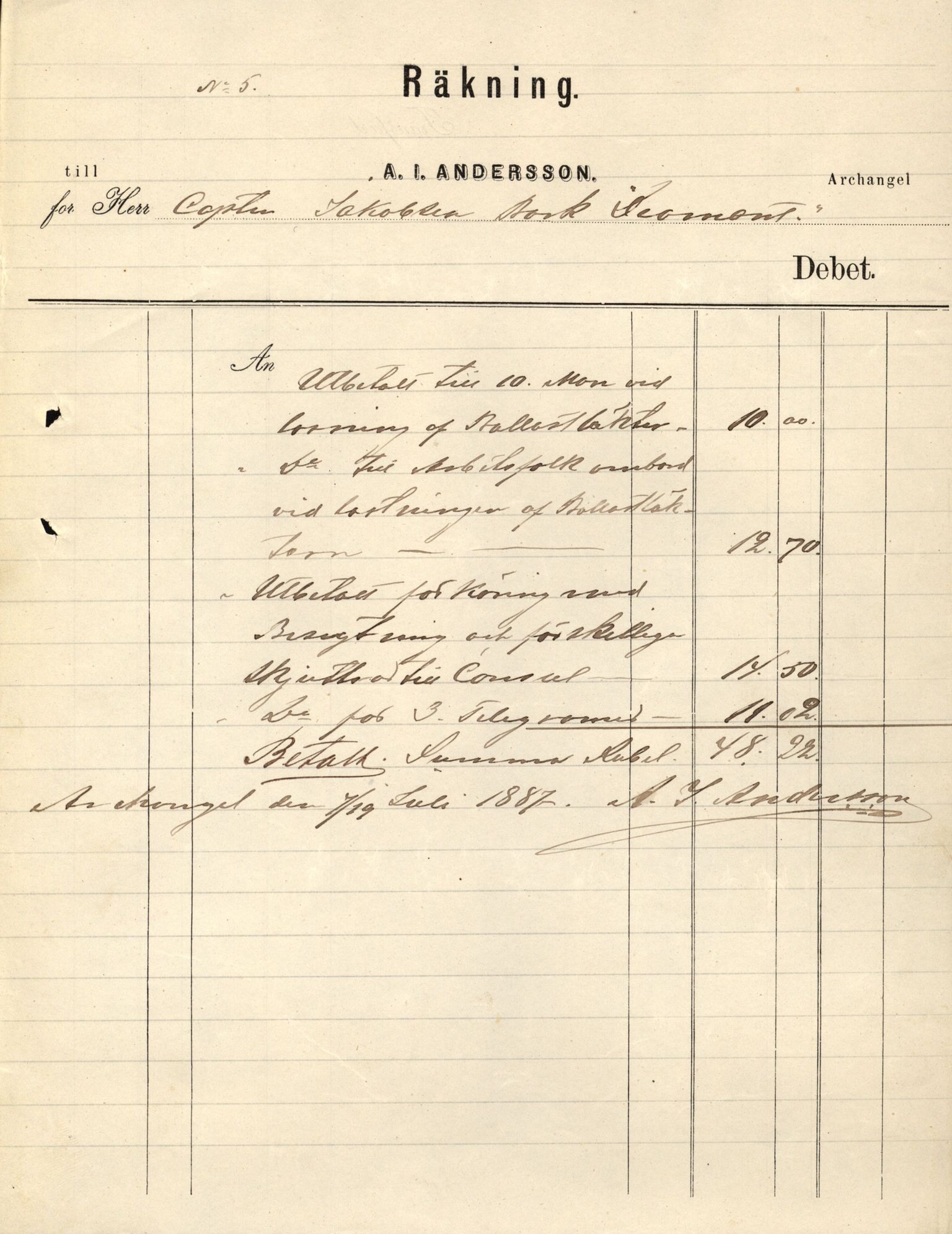 Pa 63 - Østlandske skibsassuranceforening, VEMU/A-1079/G/Ga/L0020/0003: Havaridokumenter / Anton, Diamant, Templar, Finn, Eliezer, Arctic, 1887, p. 111